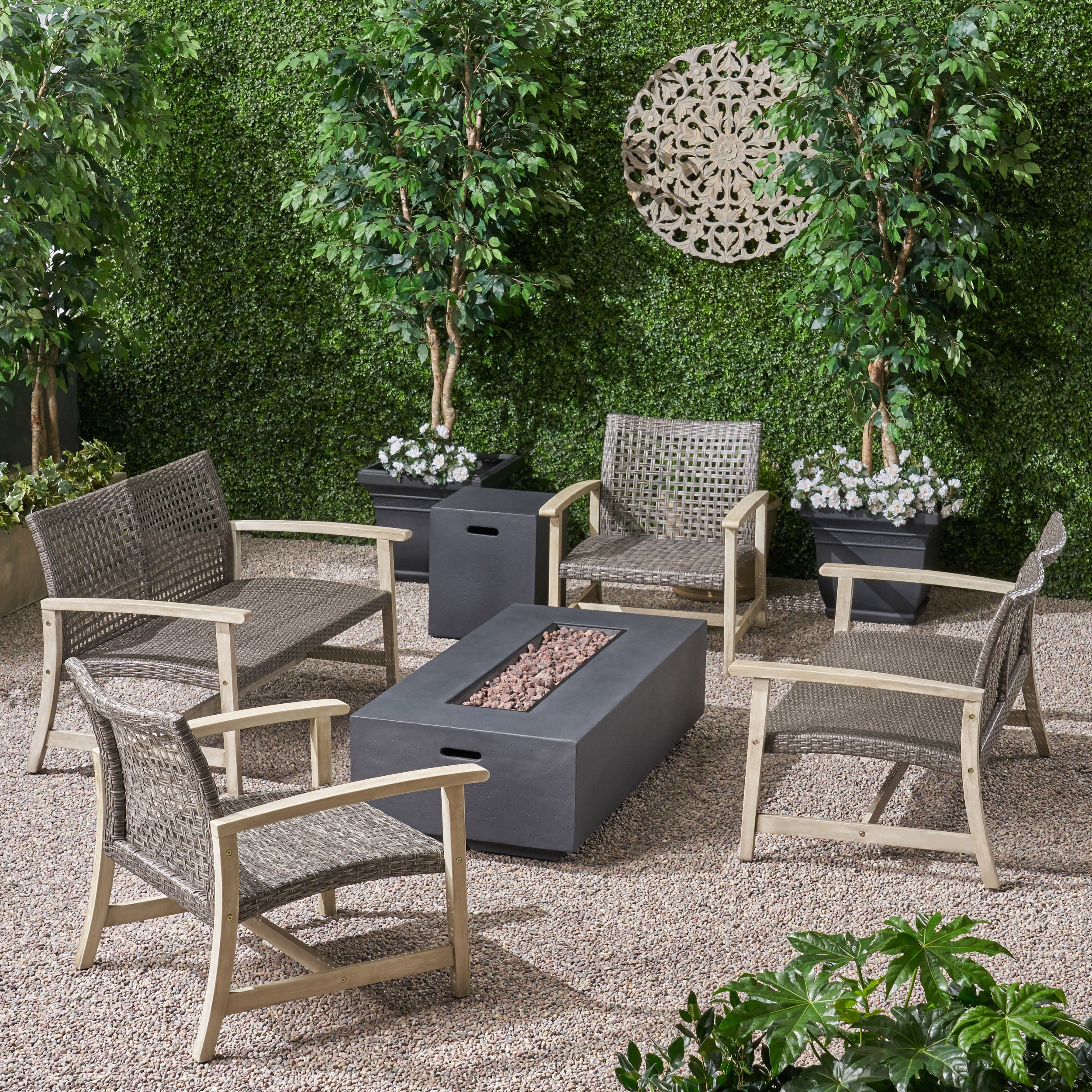 Tabby Outdoor 6 Piece Wood and Wicker Chat Set with Fire Pit - furnishings