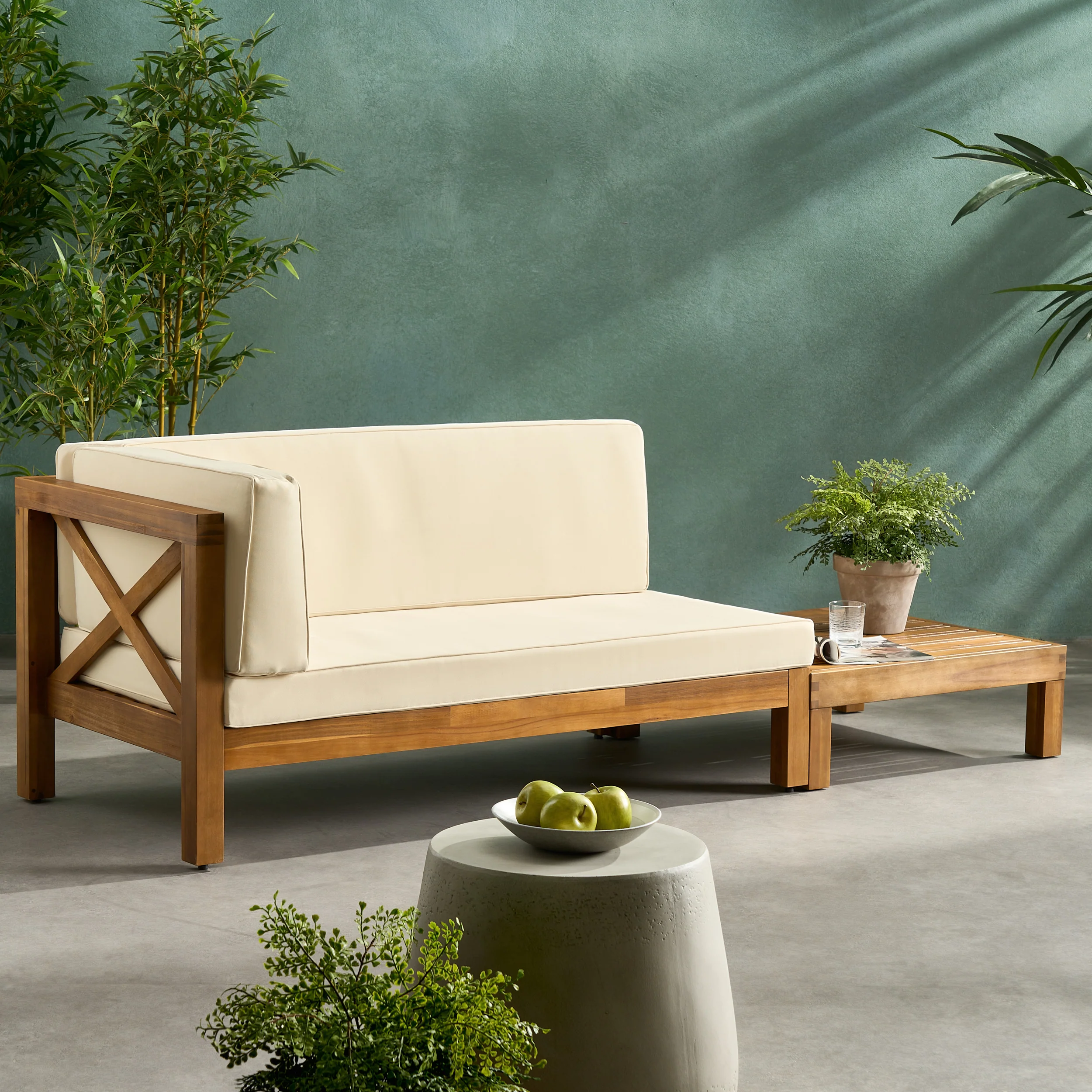 Keith Outdoor Acacia Wood Left Arm Loveseat and Coffee Table Set with Cushion - furnishings