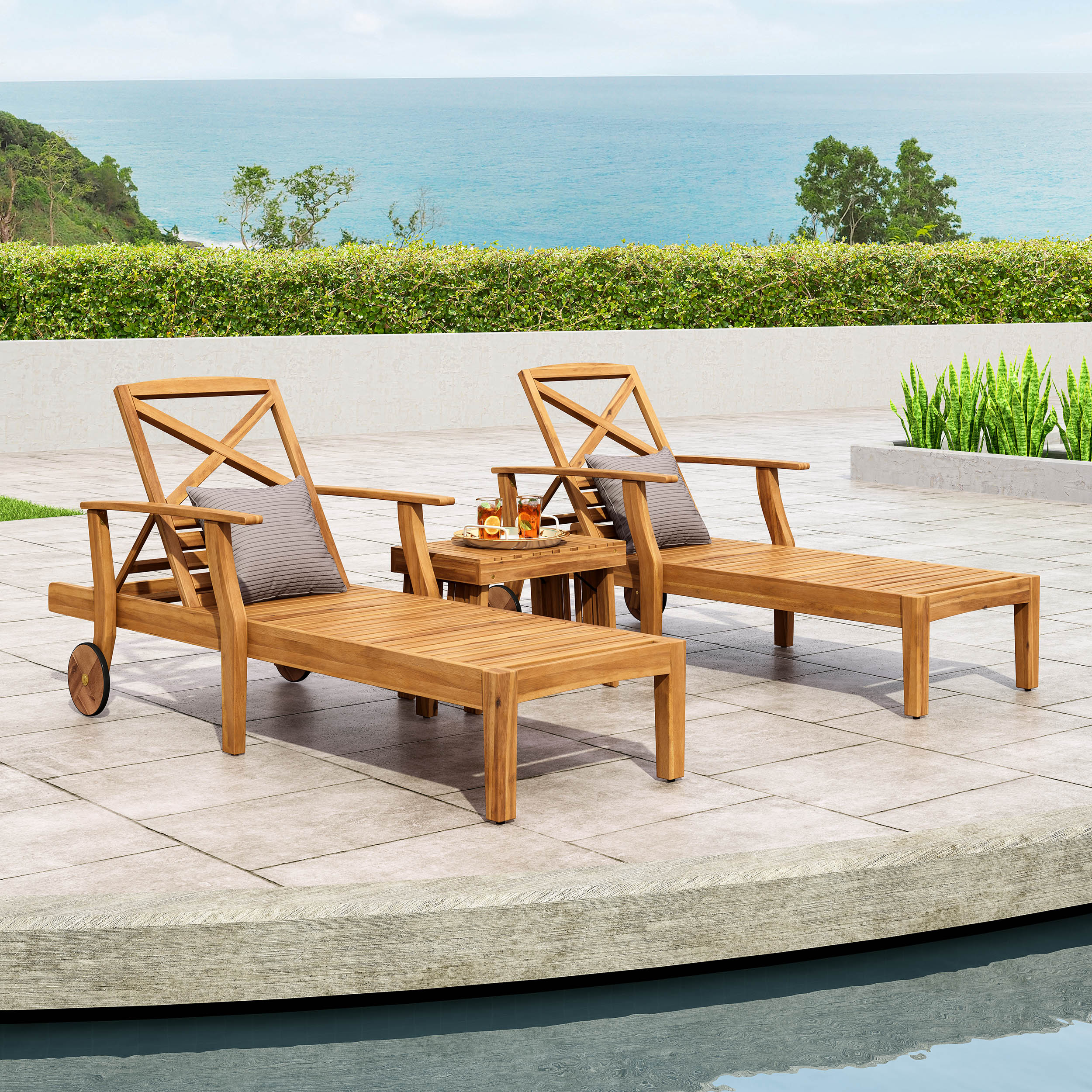Capri Outdoor Acacia Wood 3 Piece Chaise Lounge Set - furnishings