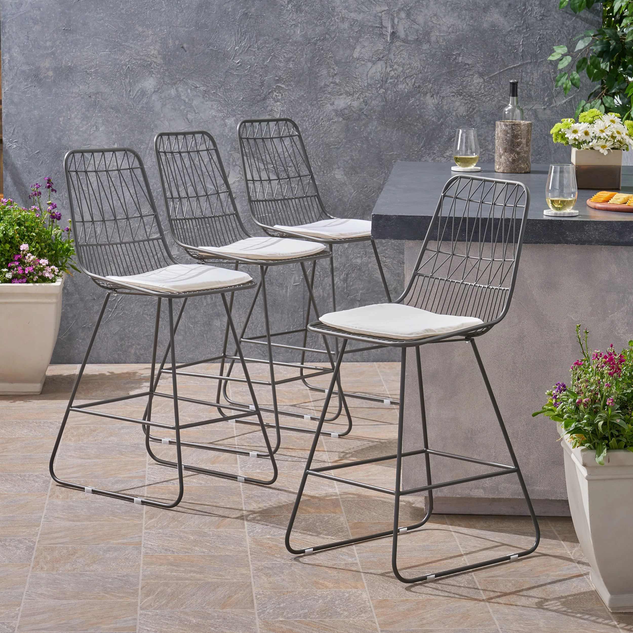 Hedy Outdoor Wire Counter Stools with Cushions (Set of 4) - furnishings