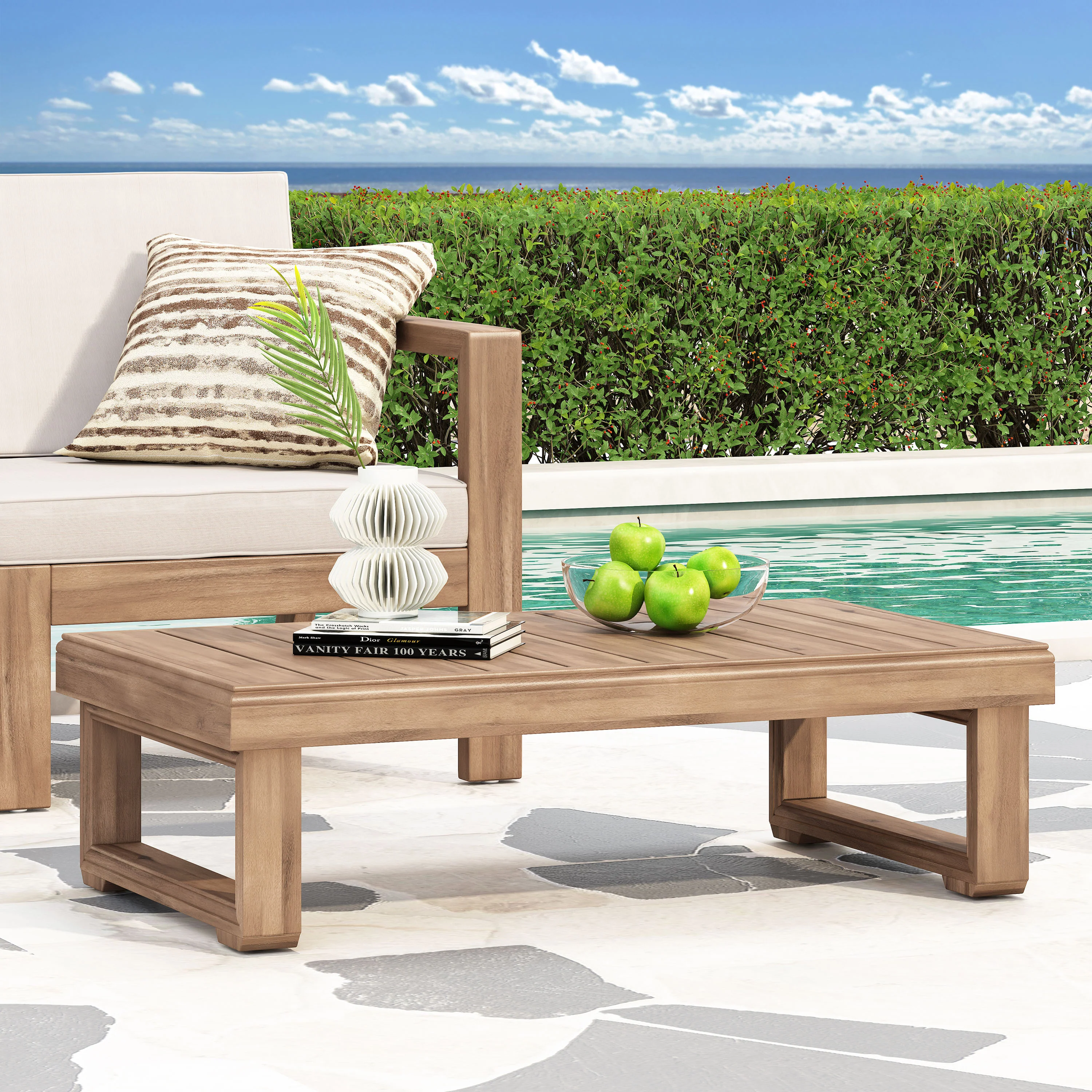 Andrae Outdoor Acacia Wood Rectangular Coffee Table, Brown Wash - furnishings