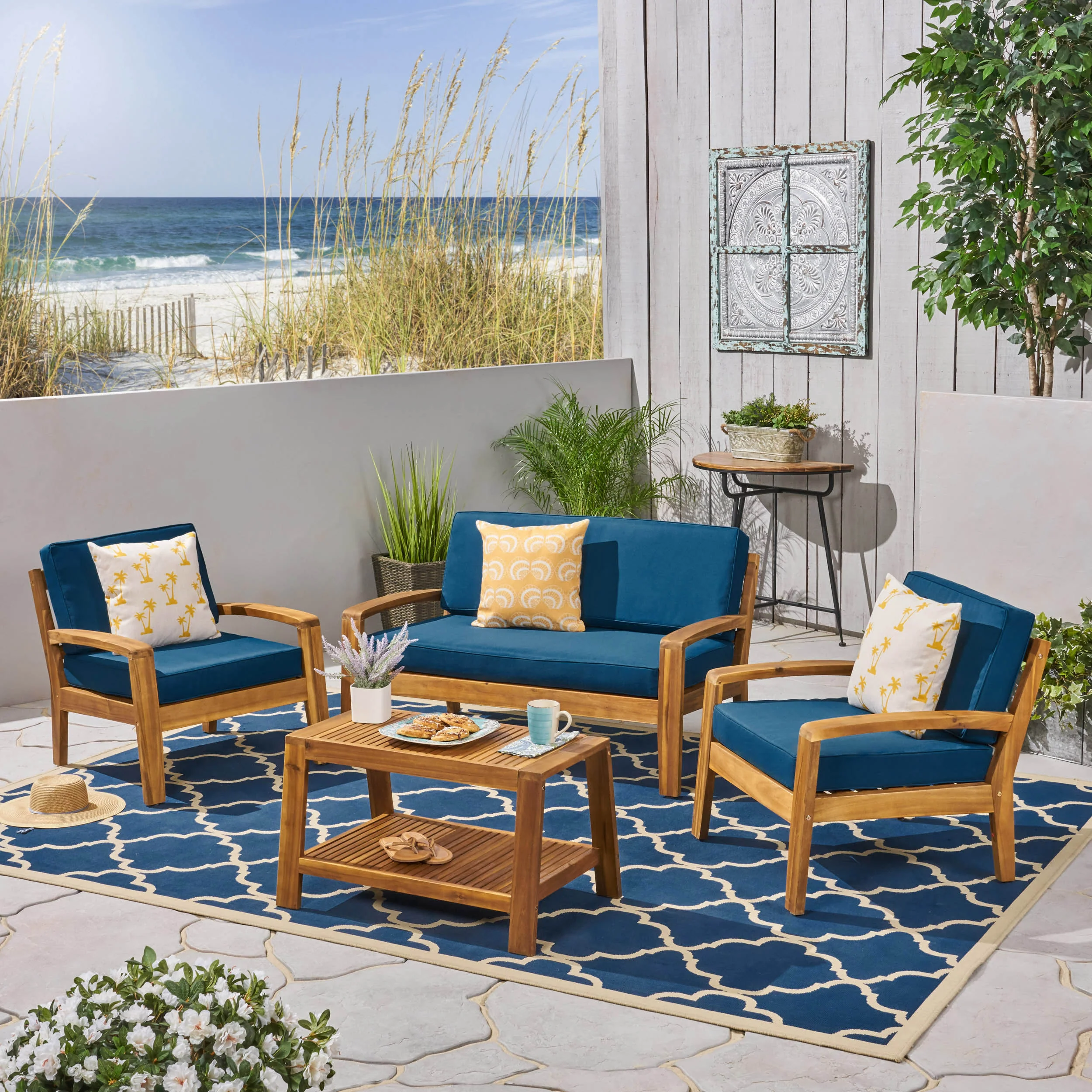 Parma Patio Acacia Wood 4-Seater Conversation Set with Coffee Table and Cushions - furnishings