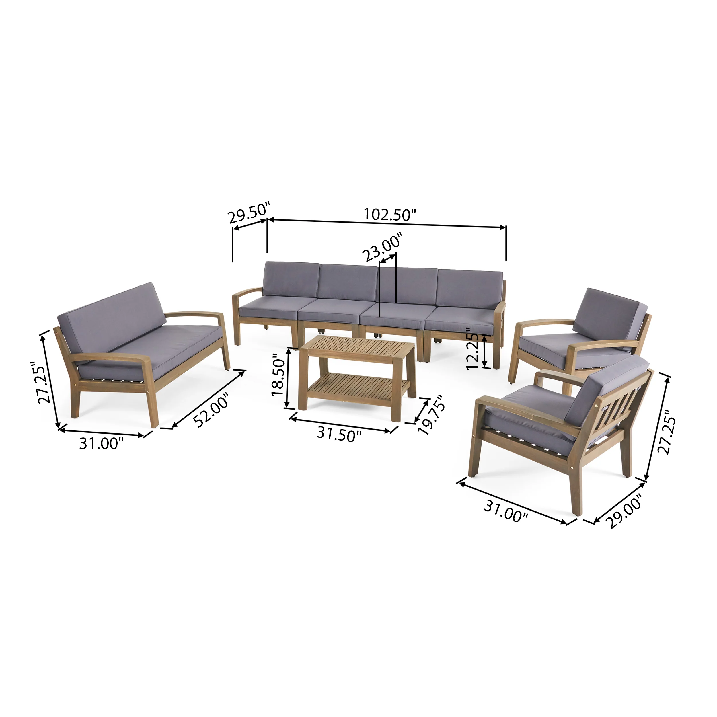 Giselle Outdoor Acacia Wood 8 Seater Sectional Chat Set with Coffee Table - furnishings