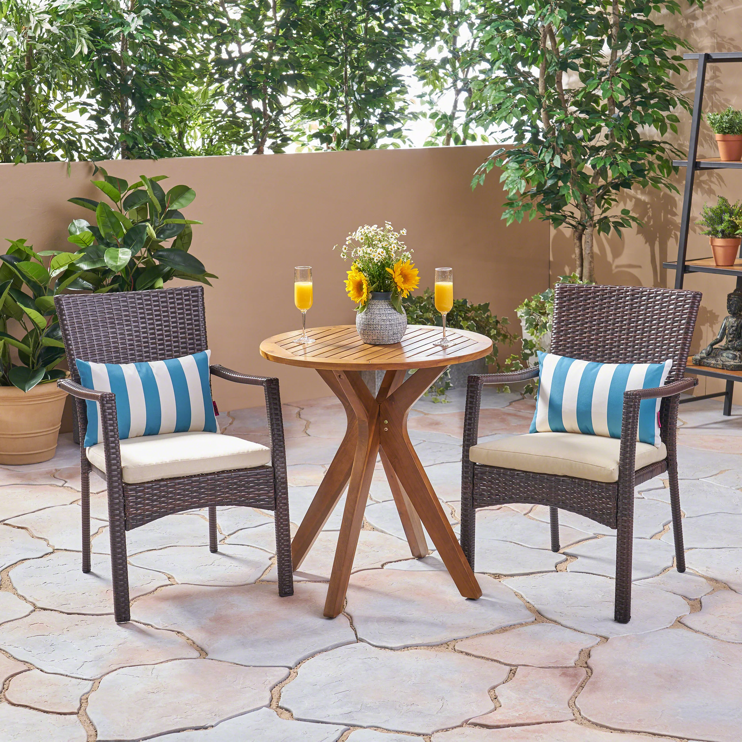 Kohler Outdoor 3 Piece Acacia Wood and Wicker Bistro Set - furnishings