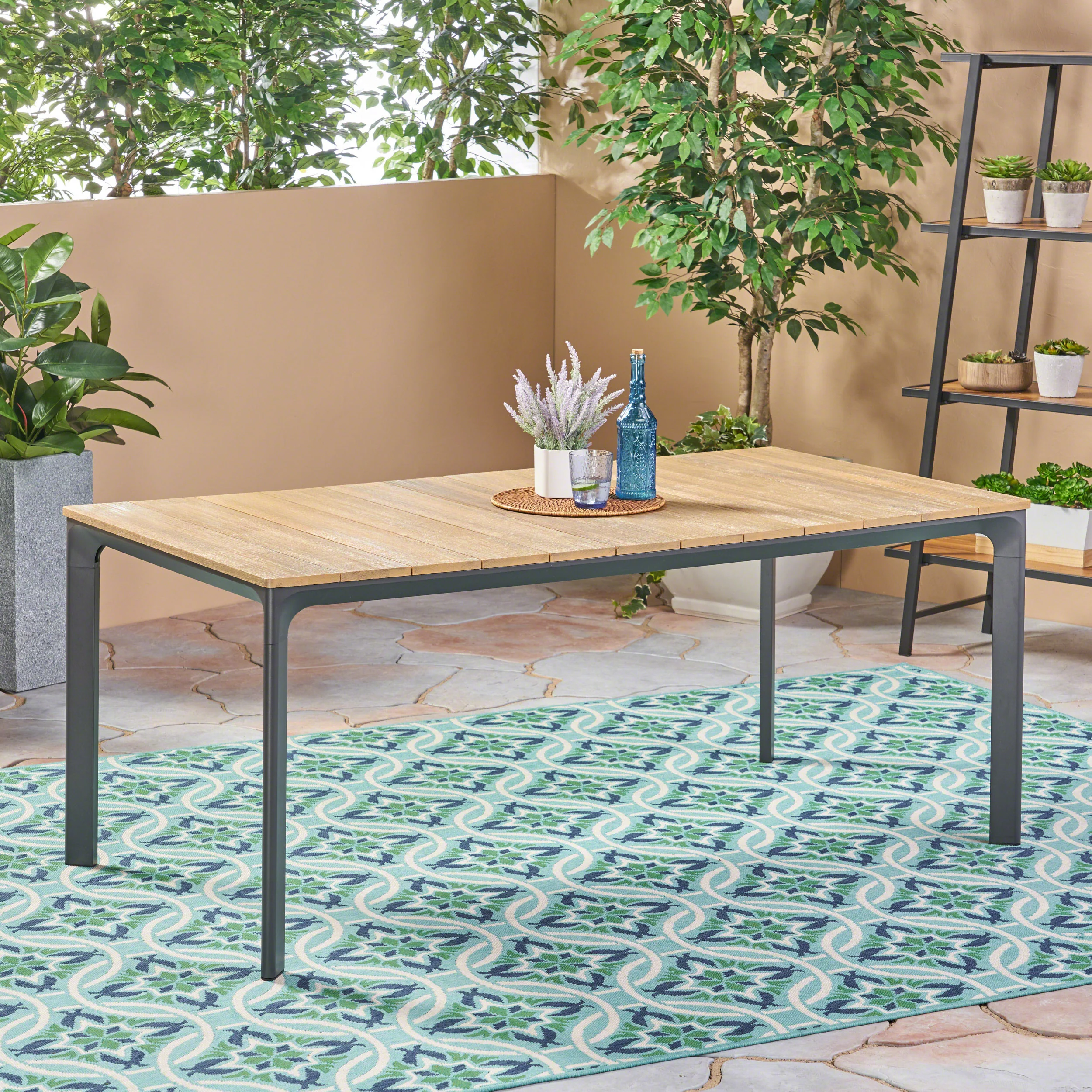 Jace Outdoor Aluminum and Wood Dining Table, Natural - furnishings
