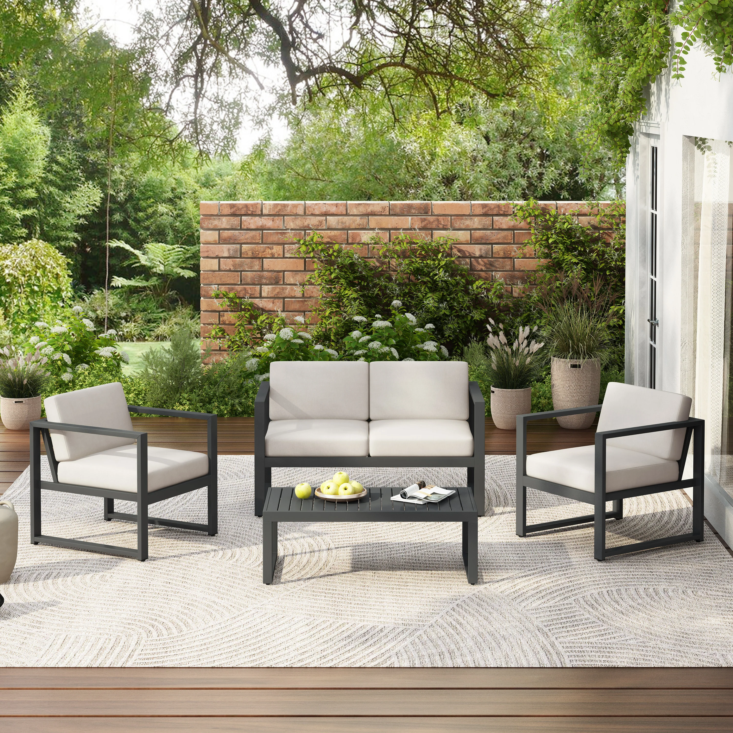 Junly Outdoor Patio Furniture Set Coffee Table – 4-Piece Seating Set Beige Cushions - furnishings