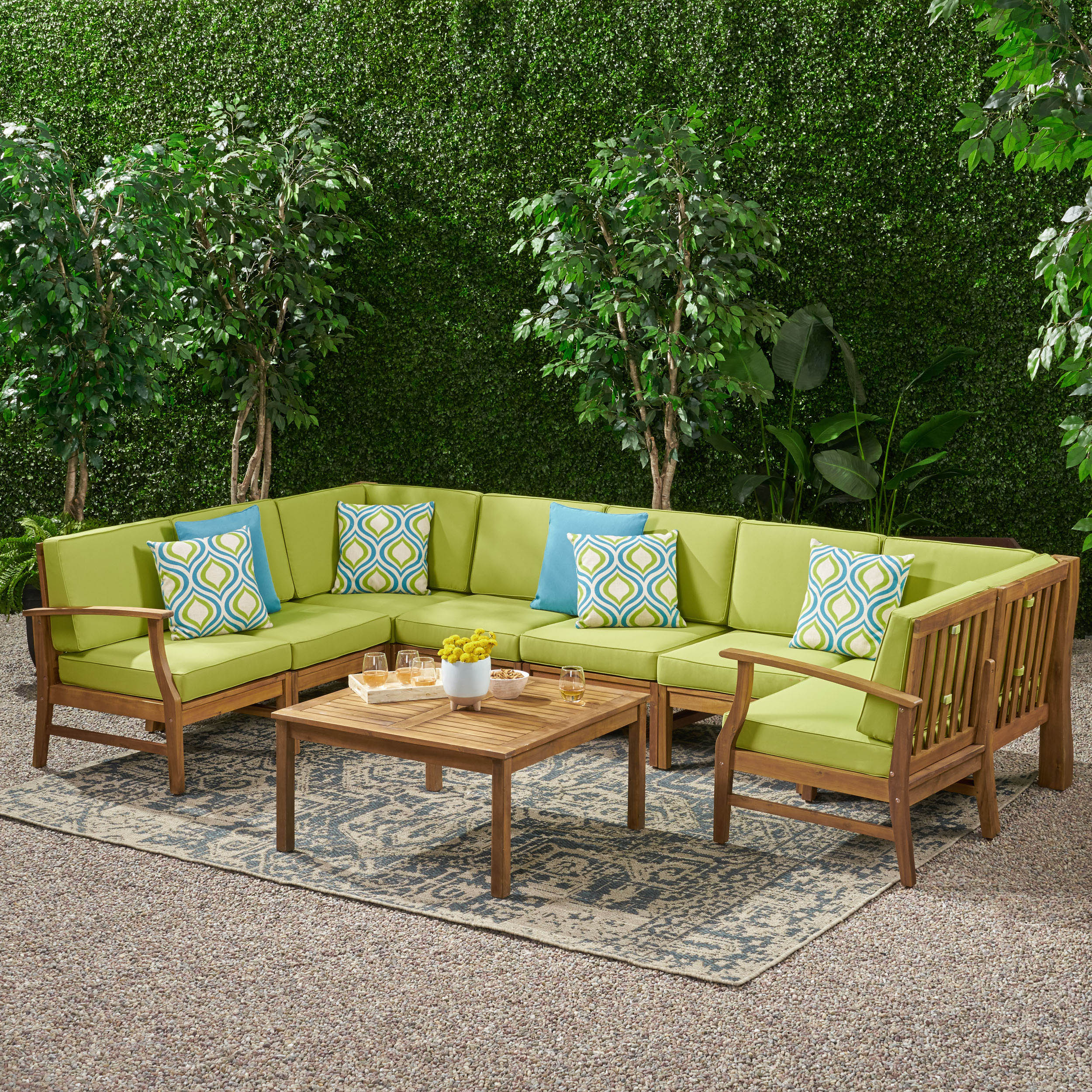Scarlett Outdoor 8 Seat Teak Finished Acacia Wood Sectional Sofa and Table Set - furnishings