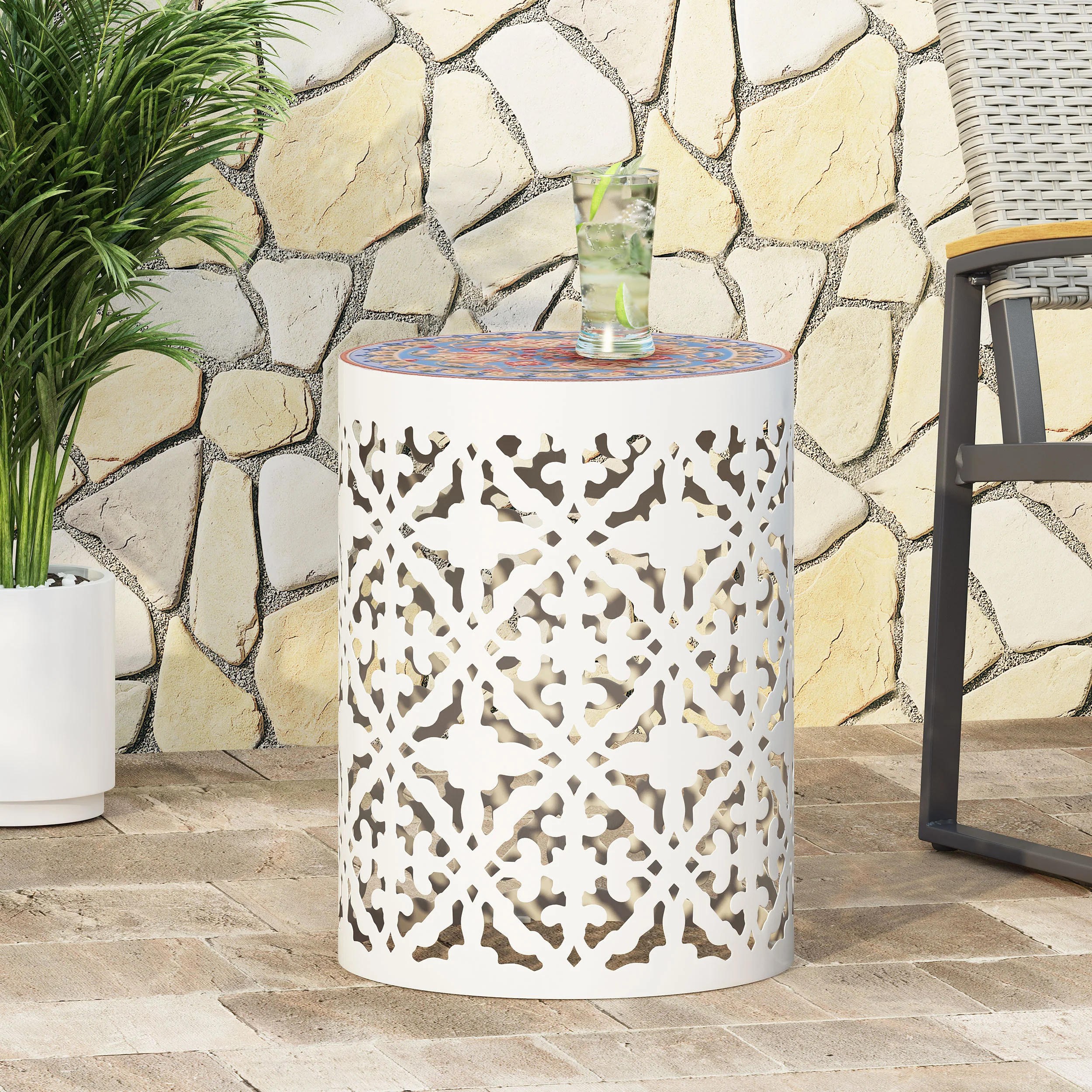 Kenzi Outdoor Lace Cut Side Table with Tile Top - furnishings