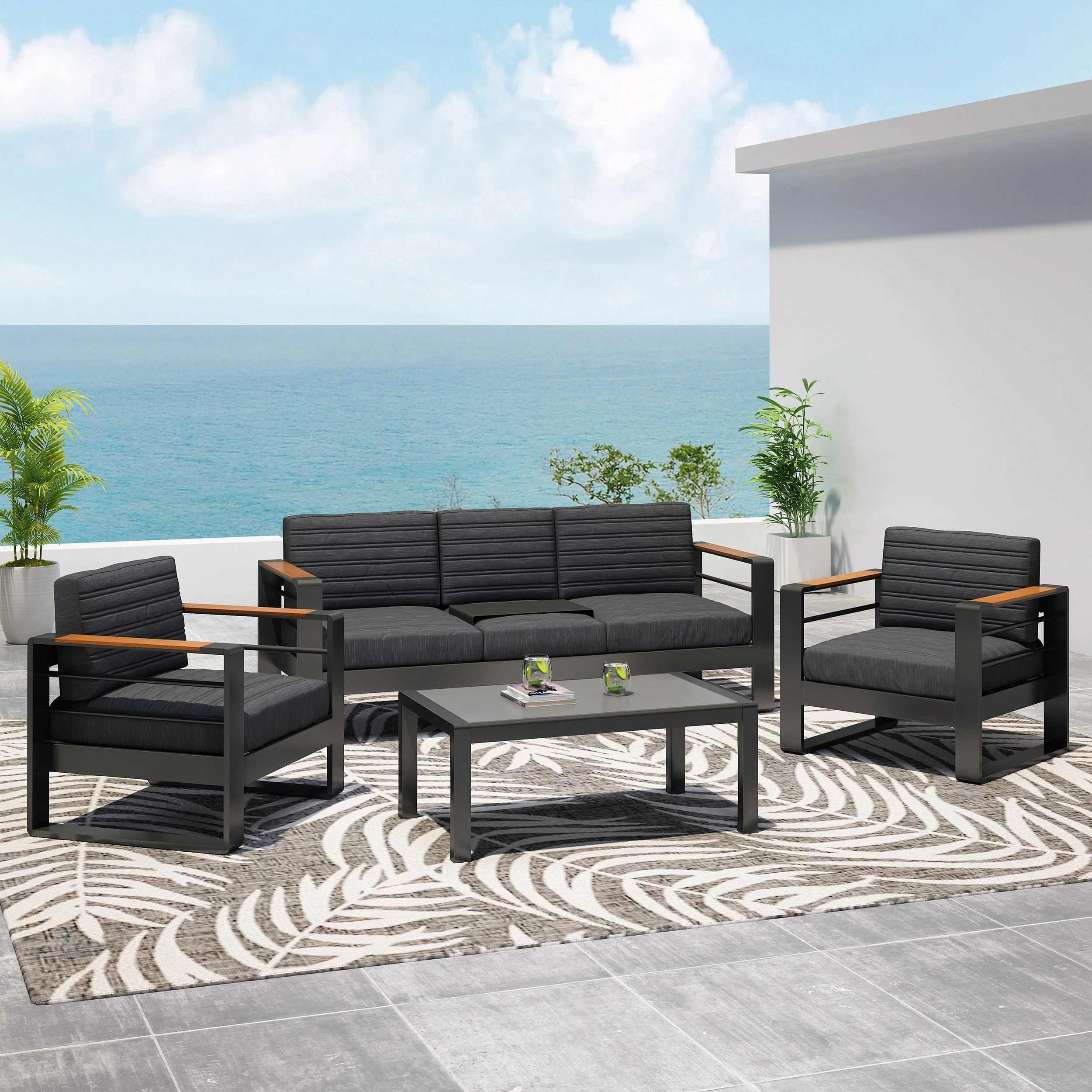 Neffs Outdoor Aluminum 5 Seater Chat Set with Water Resistant Cushions, Black, Natural, and Dark Gray - furnishings
