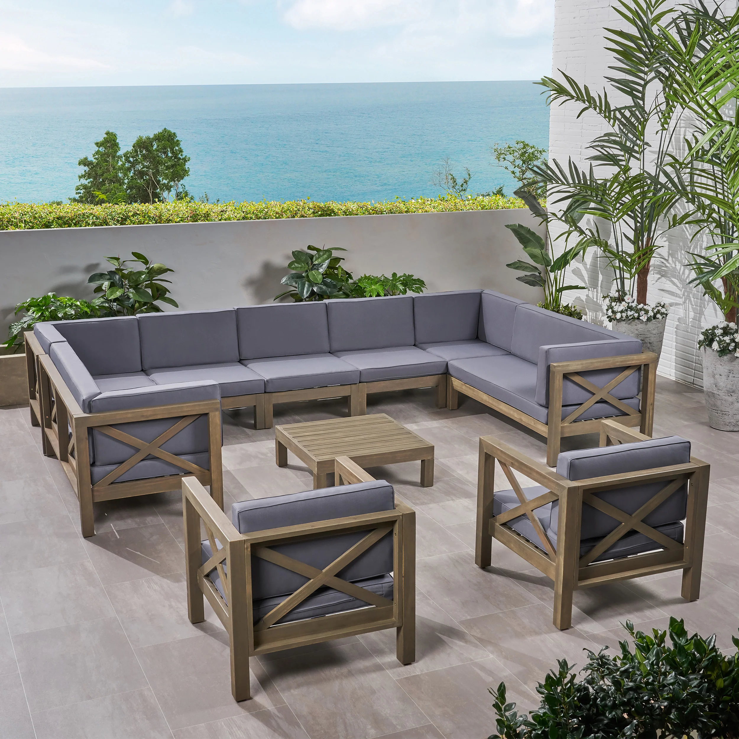 Isabella Outdoor 11 Seater Acacia Wood Sectional Sofa and Club Chair Set - furnishings