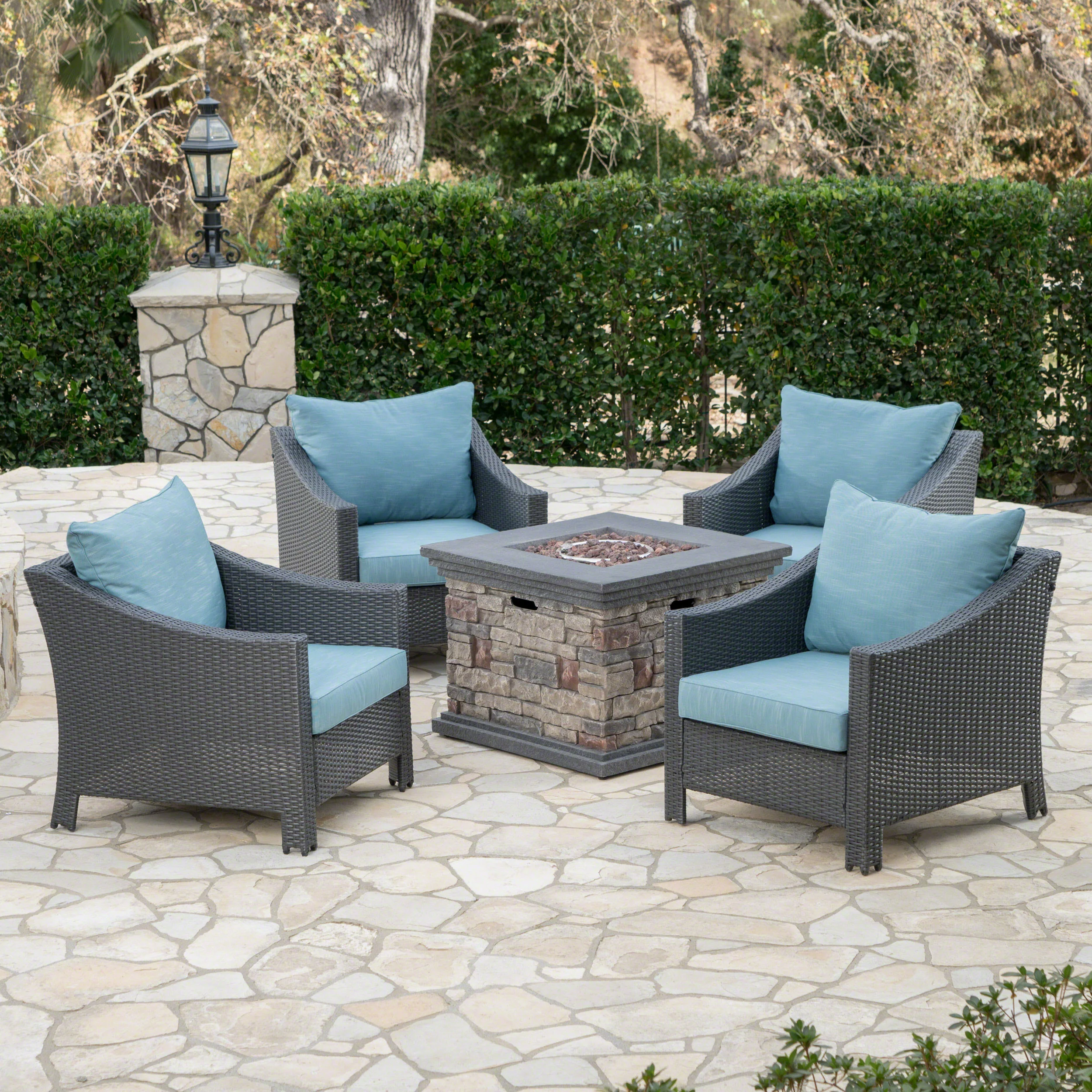 Aspen Outdoor 5 Piece Gray Wicker Chat Set with Stone Finished Fire Pit - furnishings