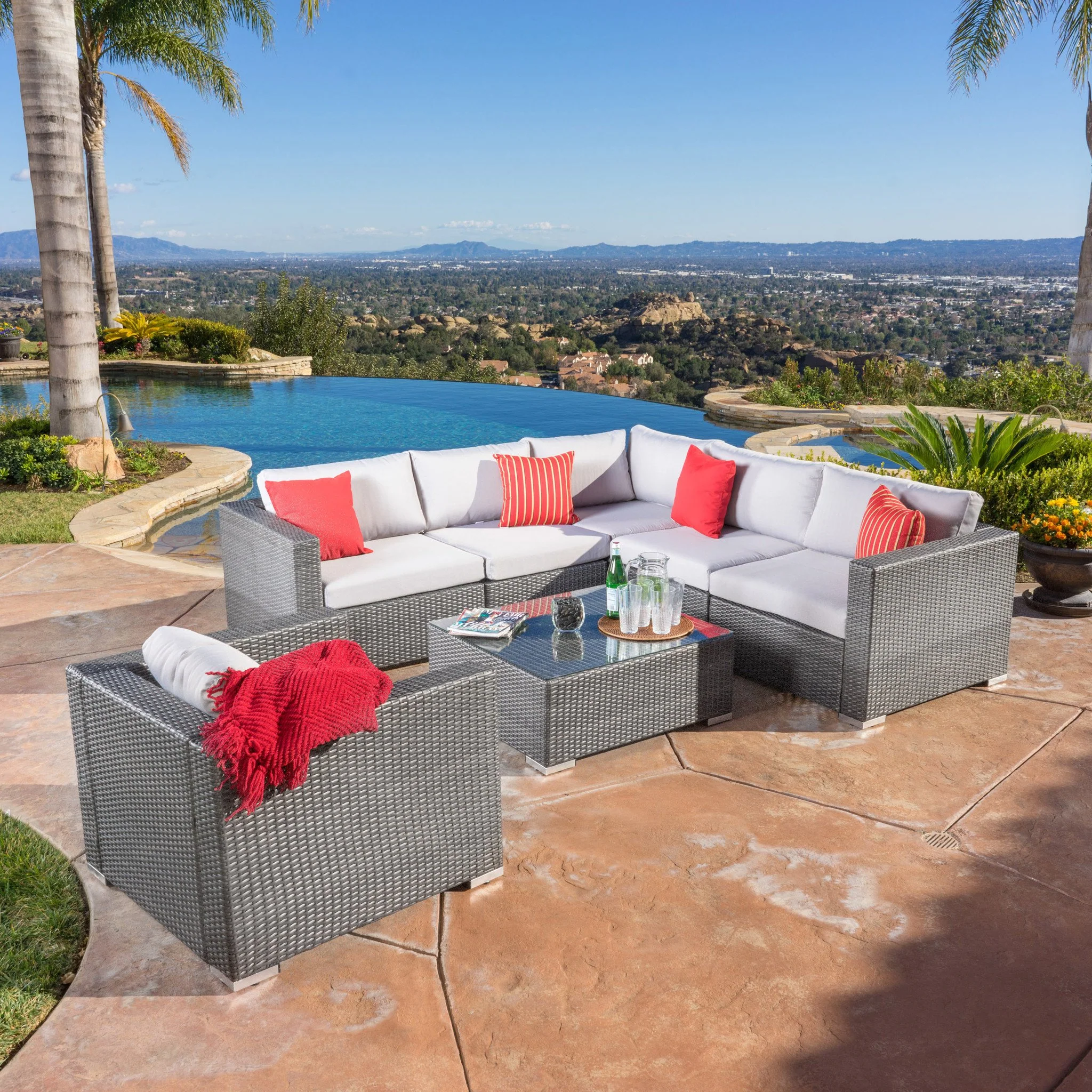 Francisco 7pc Outdoor Gray Wicker Seating Sectional Set w/ Cushions - furnishings