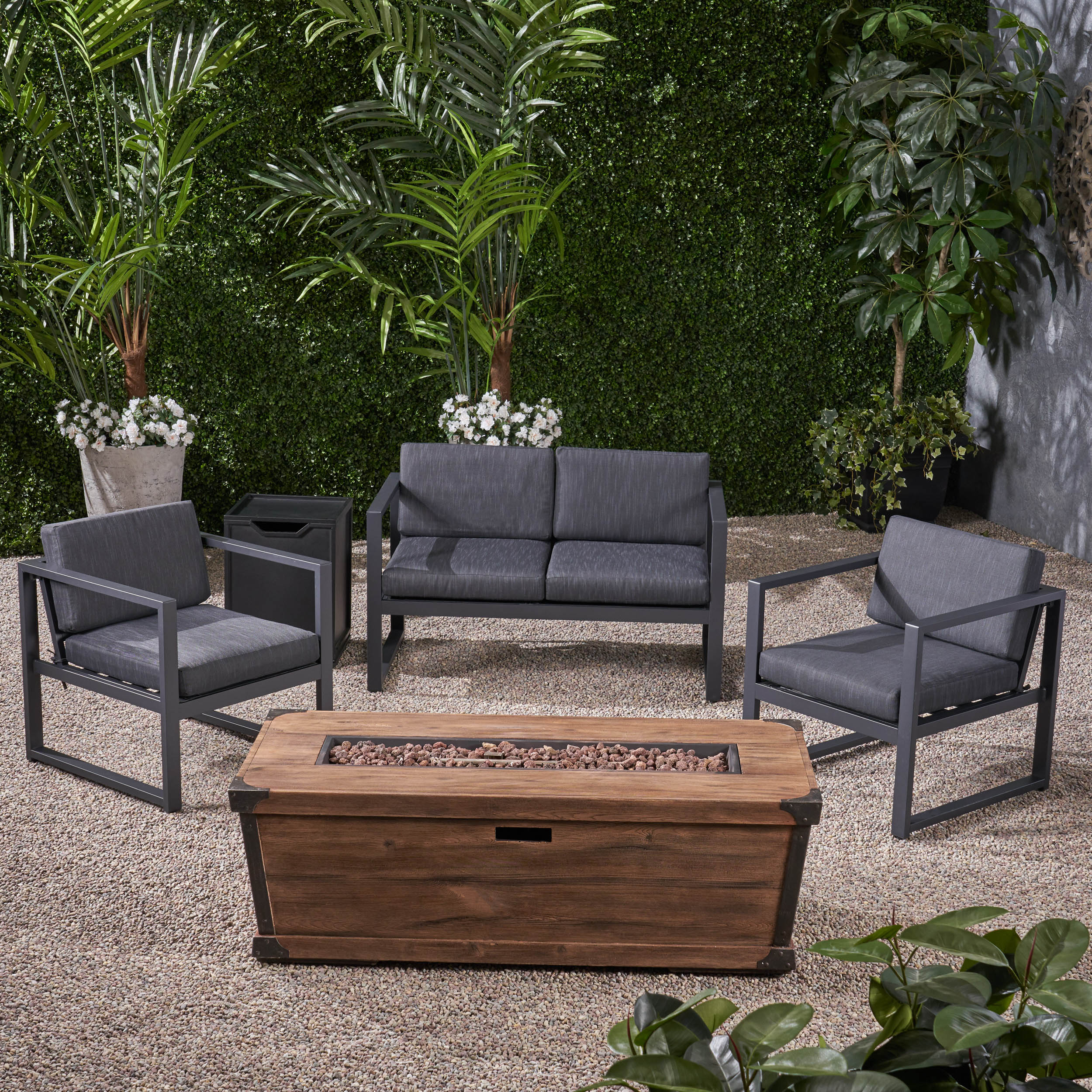 Miraclle Outdoor 3 Piece Aluminum Chat Set with Cushions and Fire Pit - furnishings