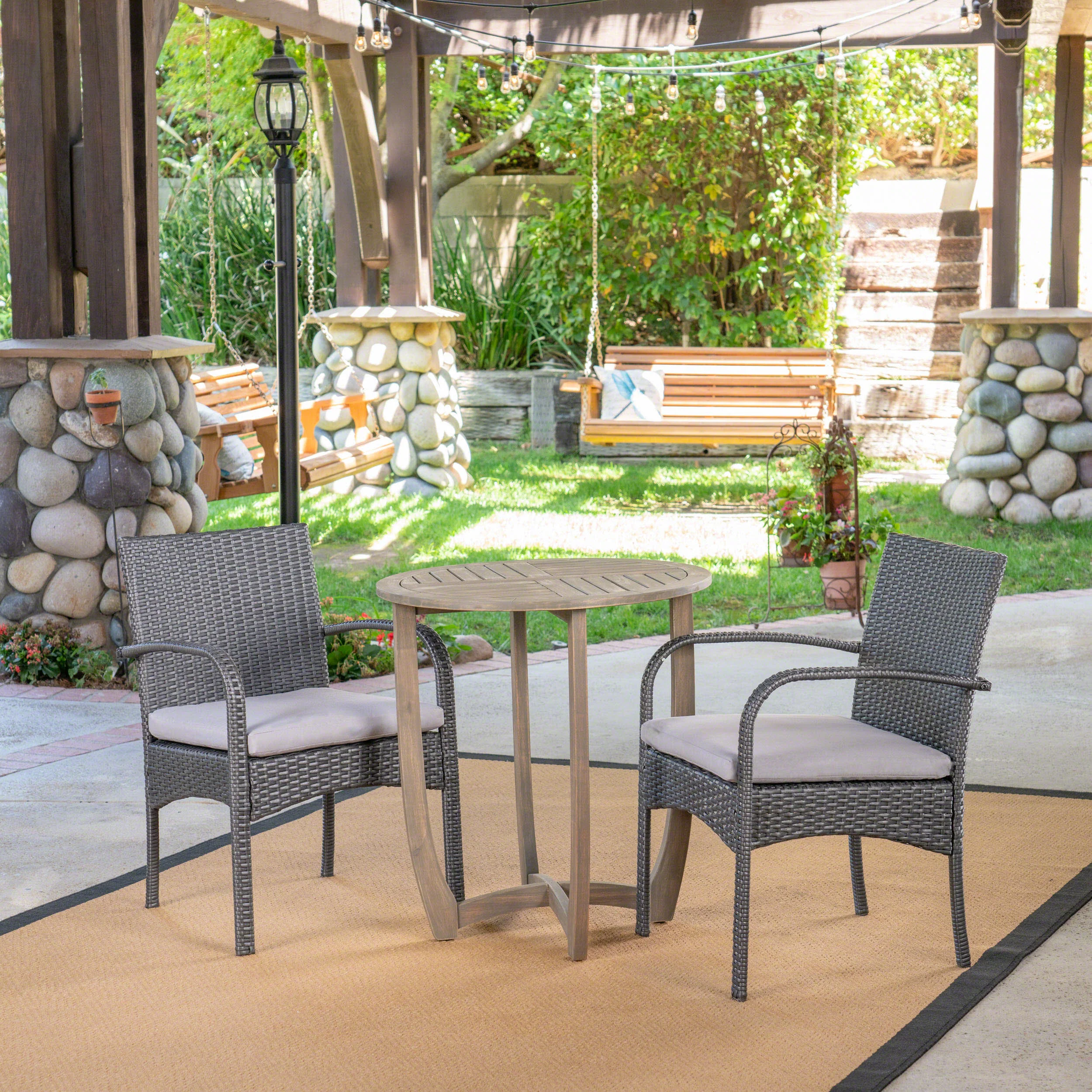 Jerica Outdoor 3 Piece Wood and Wicker Bistro Set, Gray and Gray - furnishings