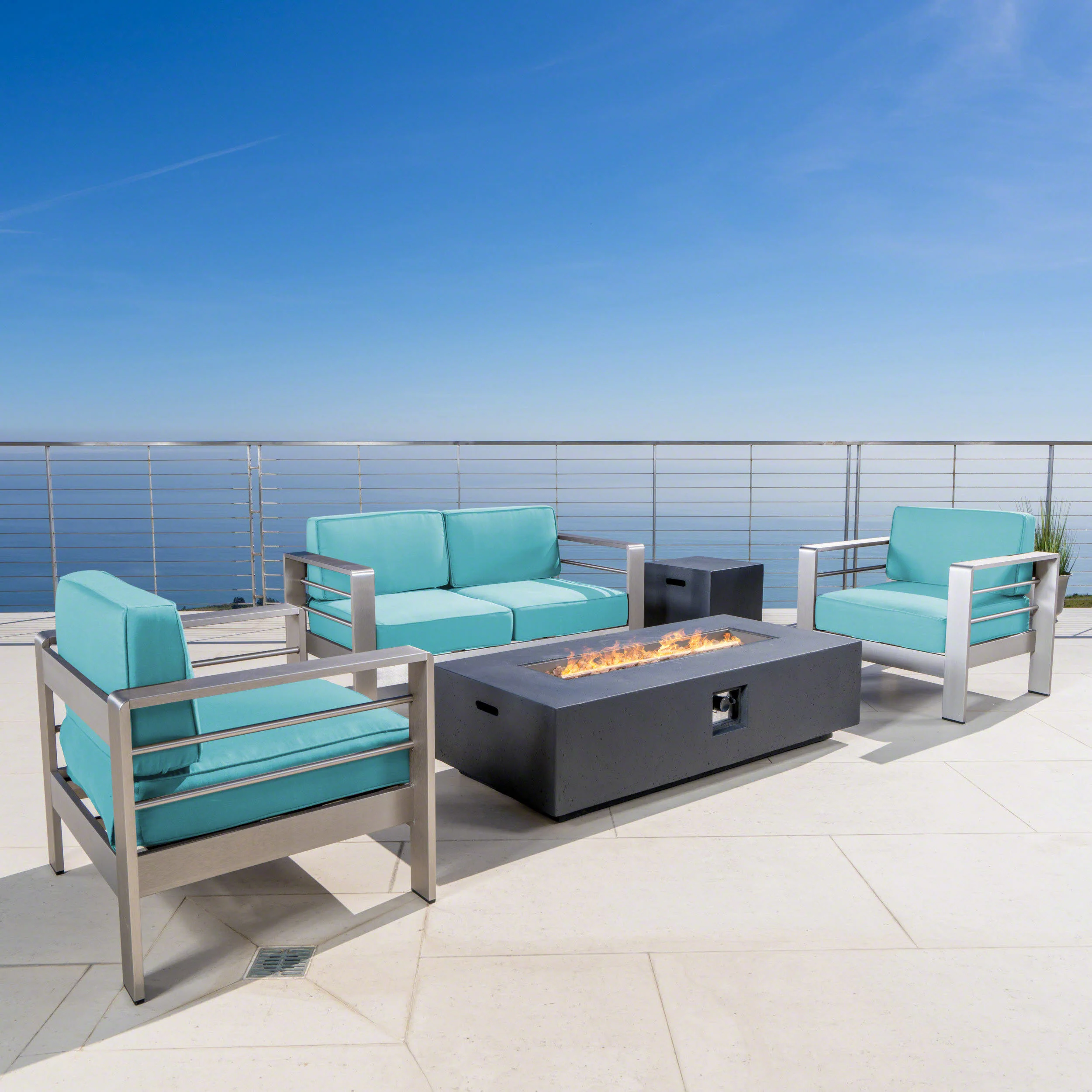 Crested Bay Outdoor 5 Piece Chat Set with Cushions and Fire Pit - furnishings