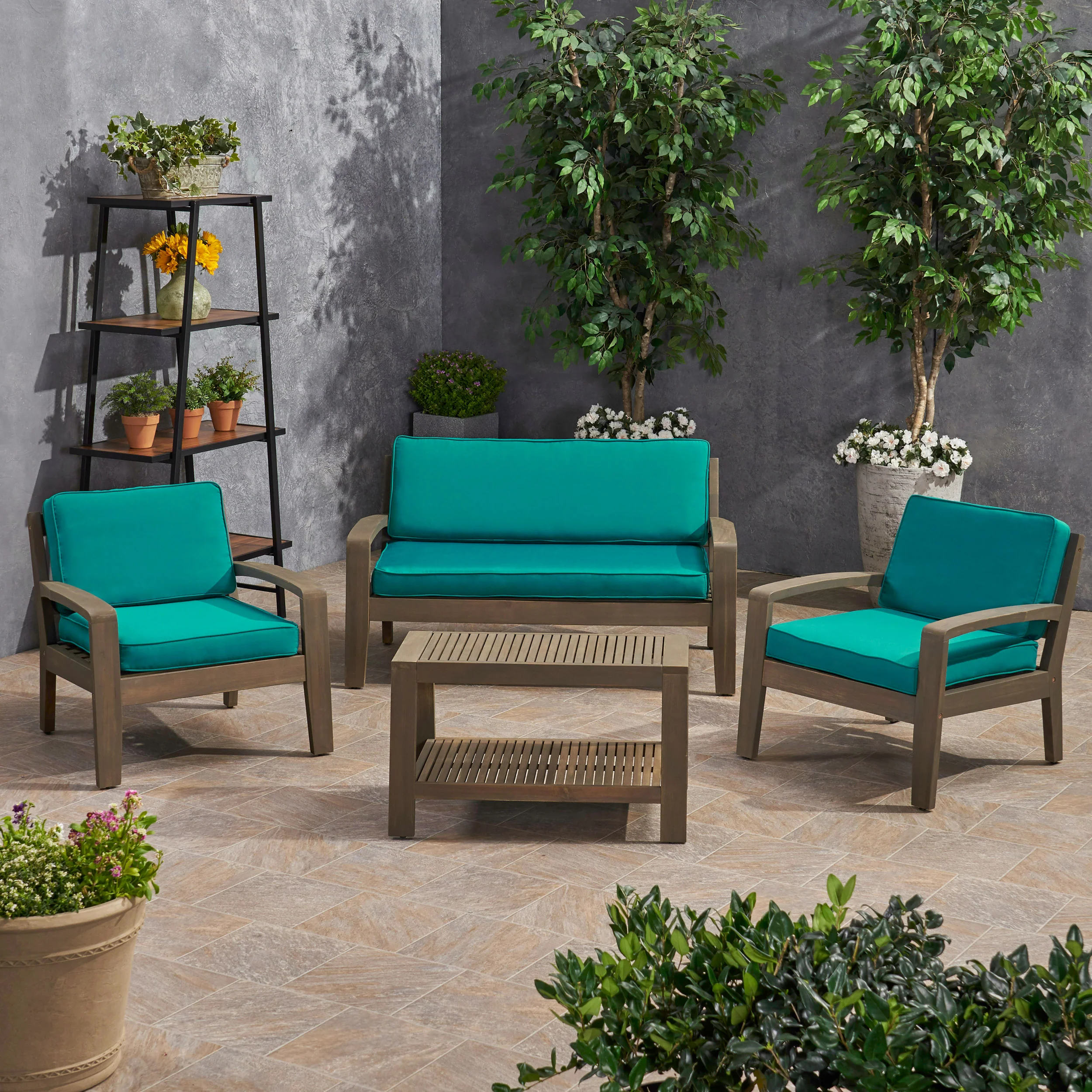 Parma Patio Acacia Wood 4-Seater Conversation Set with Coffee Table and Sunbrella Cushions - furnishings