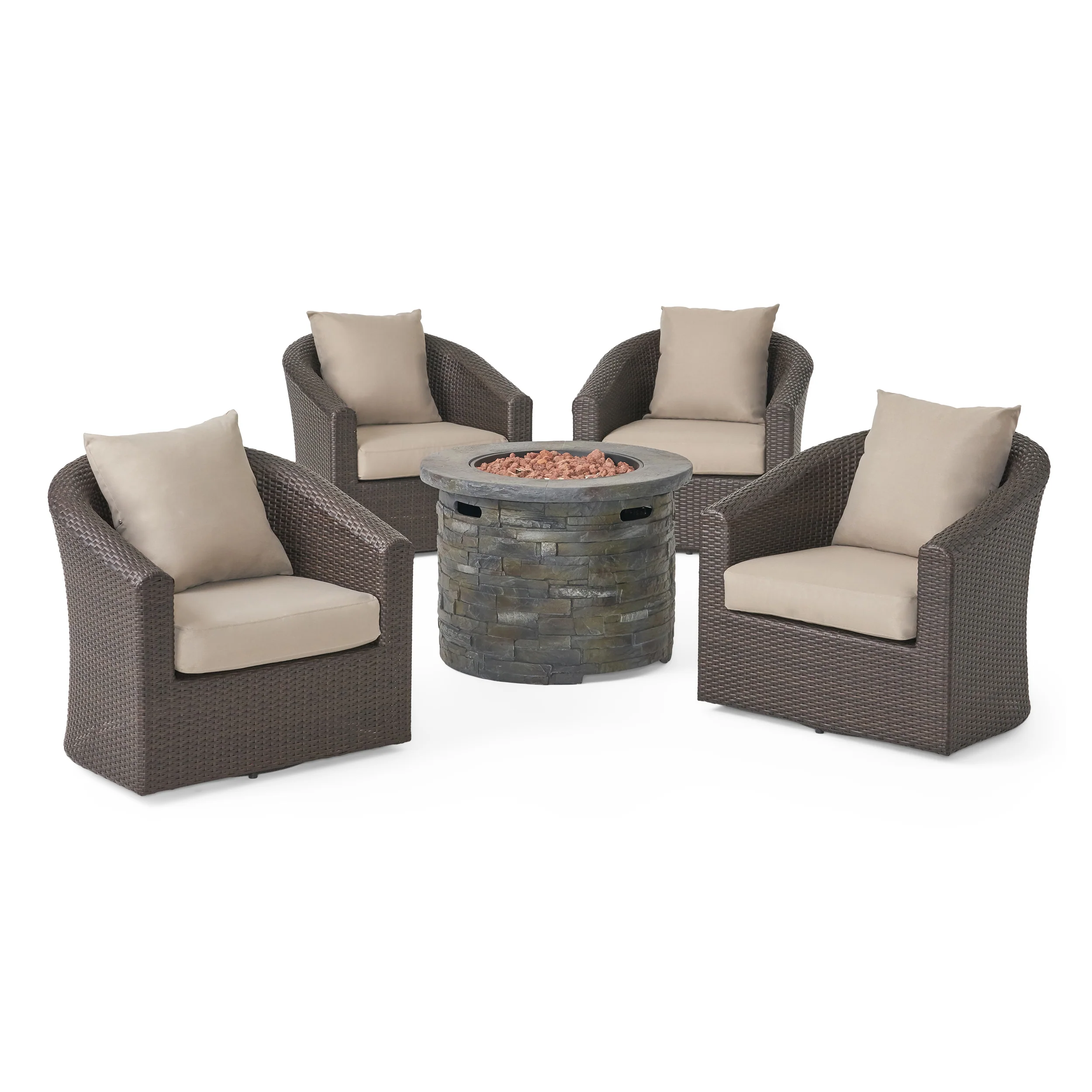 Gletchburg Outdoor 5 Piece Fire Pit Wicker Swivel Club Chair Chat Set - furnishings