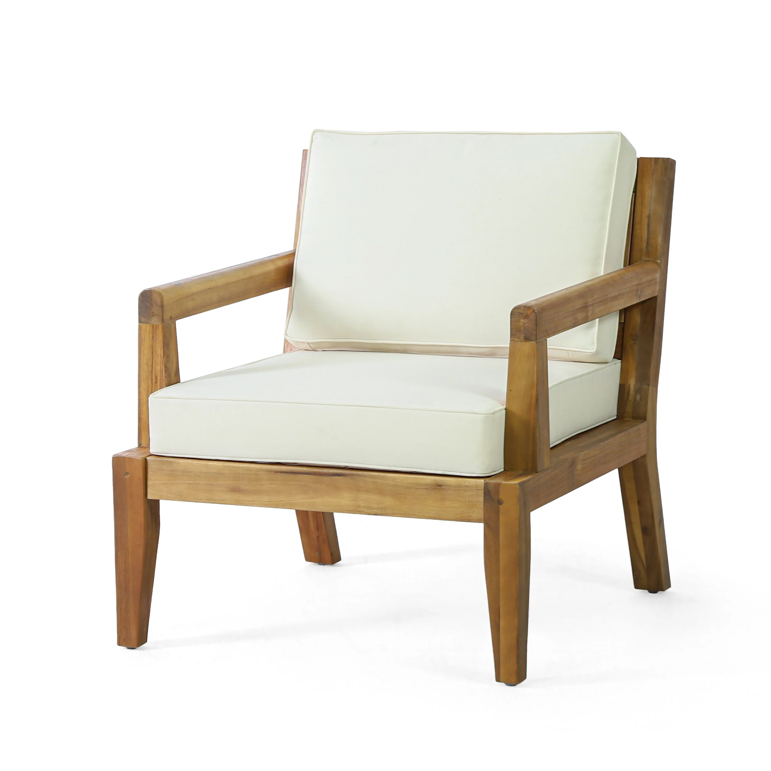 Camak Outdoor Acacia Wood Club Chair with Cushions, Teak and Beige - furnishings