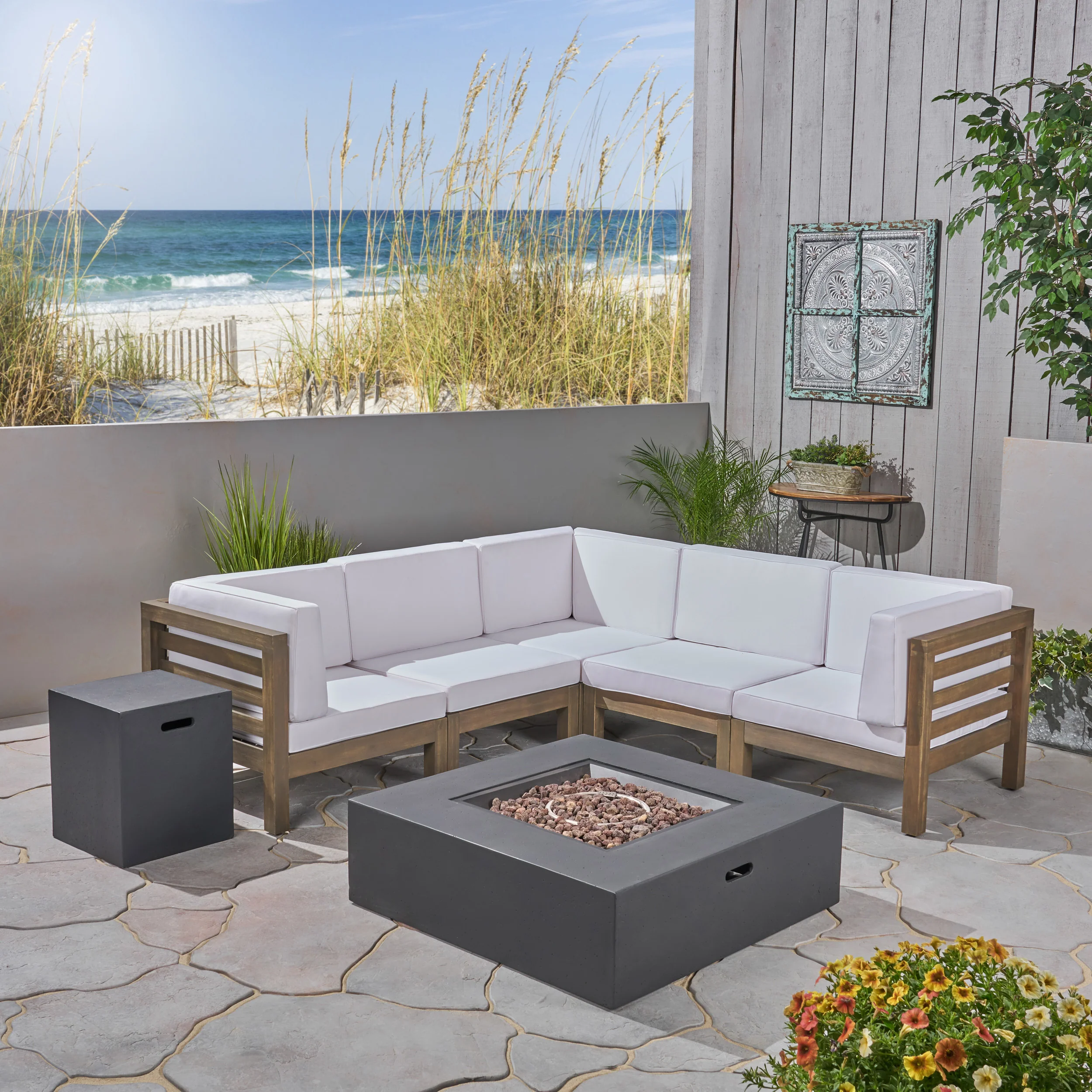 Ravello Outdoor V-Shaped Sectional Sofa Set with Fire Pit - furnishings