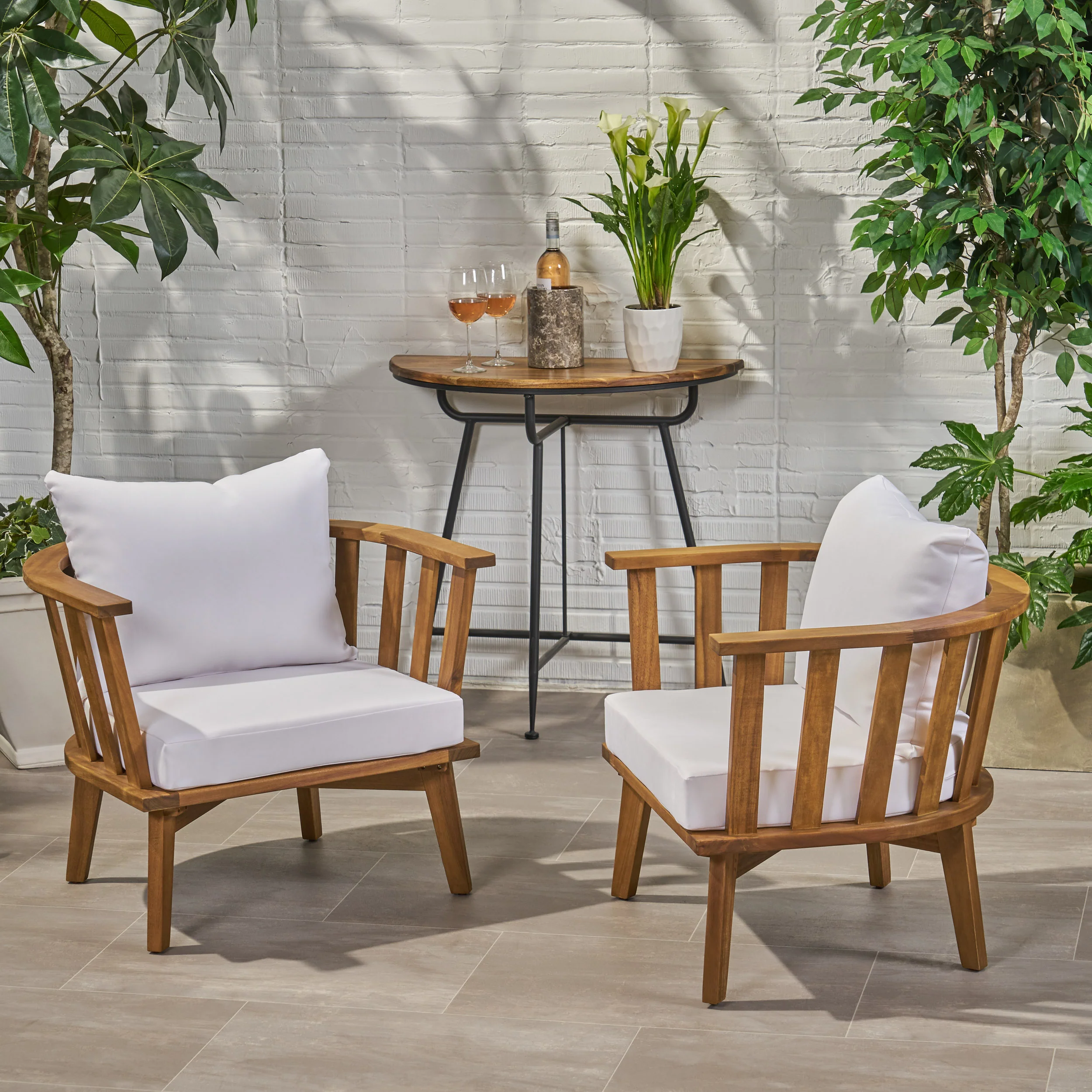 Dean Outdoor Wooden Club Chair with Cushions (Set of 2), White and Teak Finish - furnishings