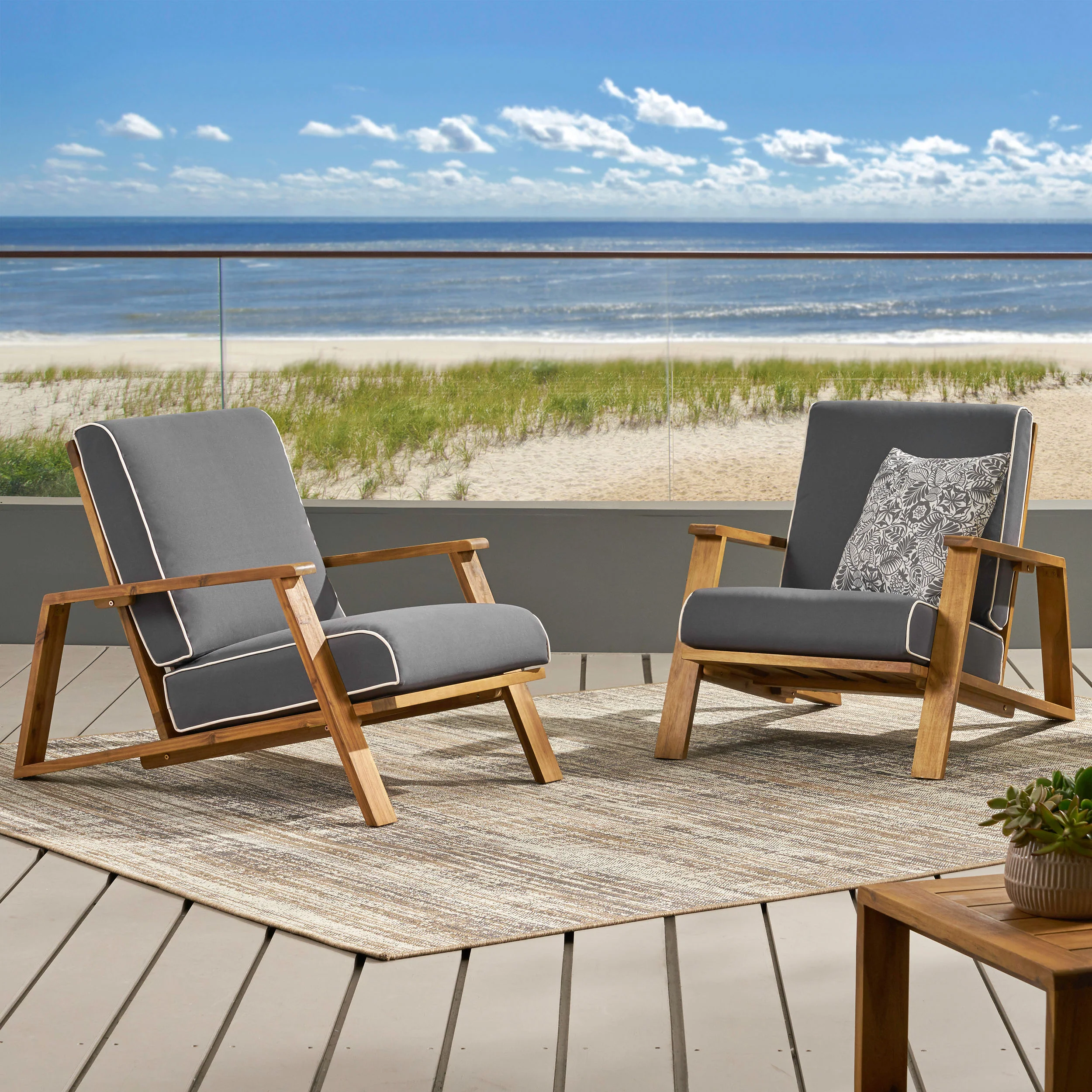 Youssef Outdoor Acacia Wood Club Chairs with Cushions (Set of 2) - furnishings