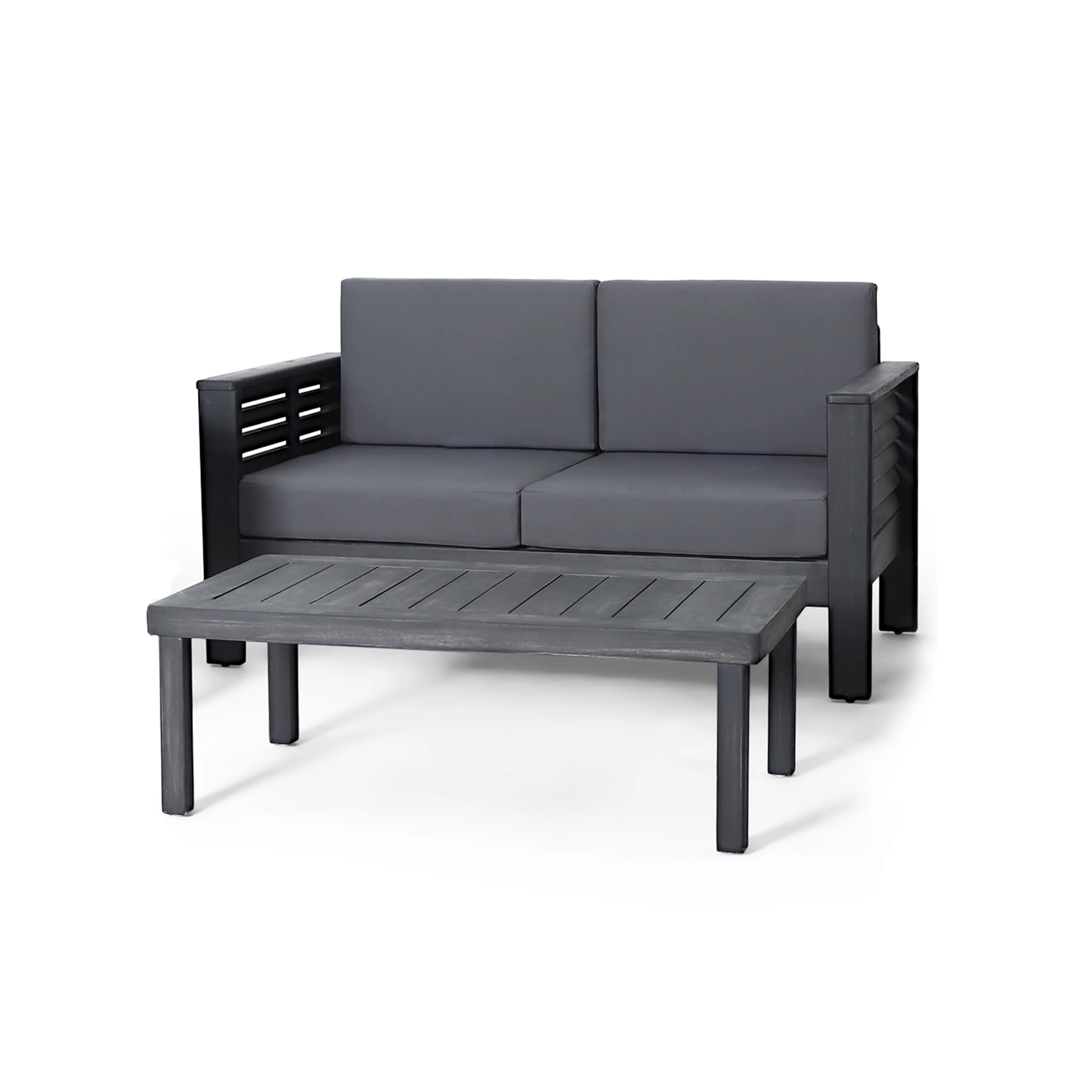 Rabun Outdoor Acacia Wood Loveseat and Coffee Table Set with Cushions - furnishings