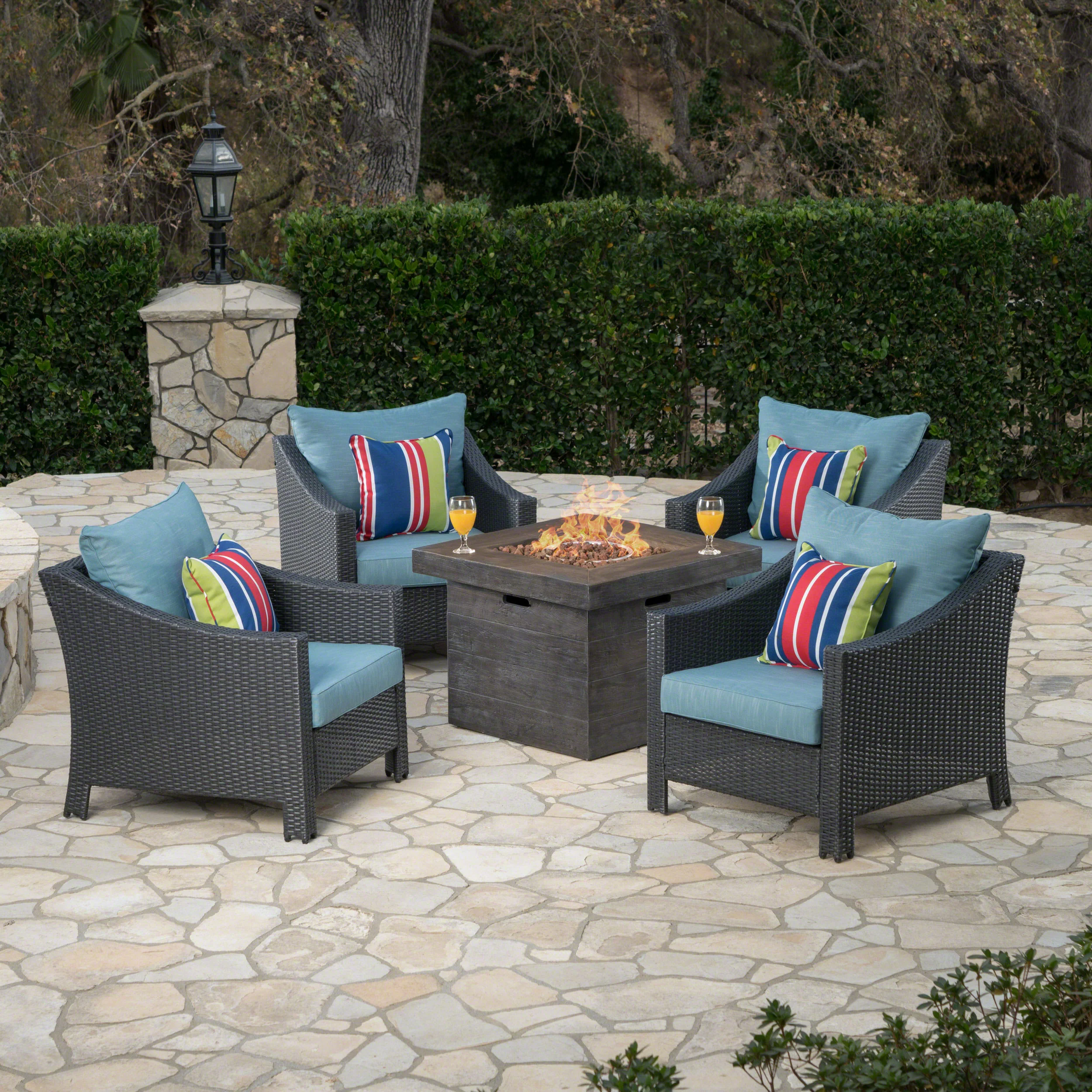 Aspen Outdoor 5 Piece Wicker Water Resistant Cushion Chat Set with Fire Pit - furnishings