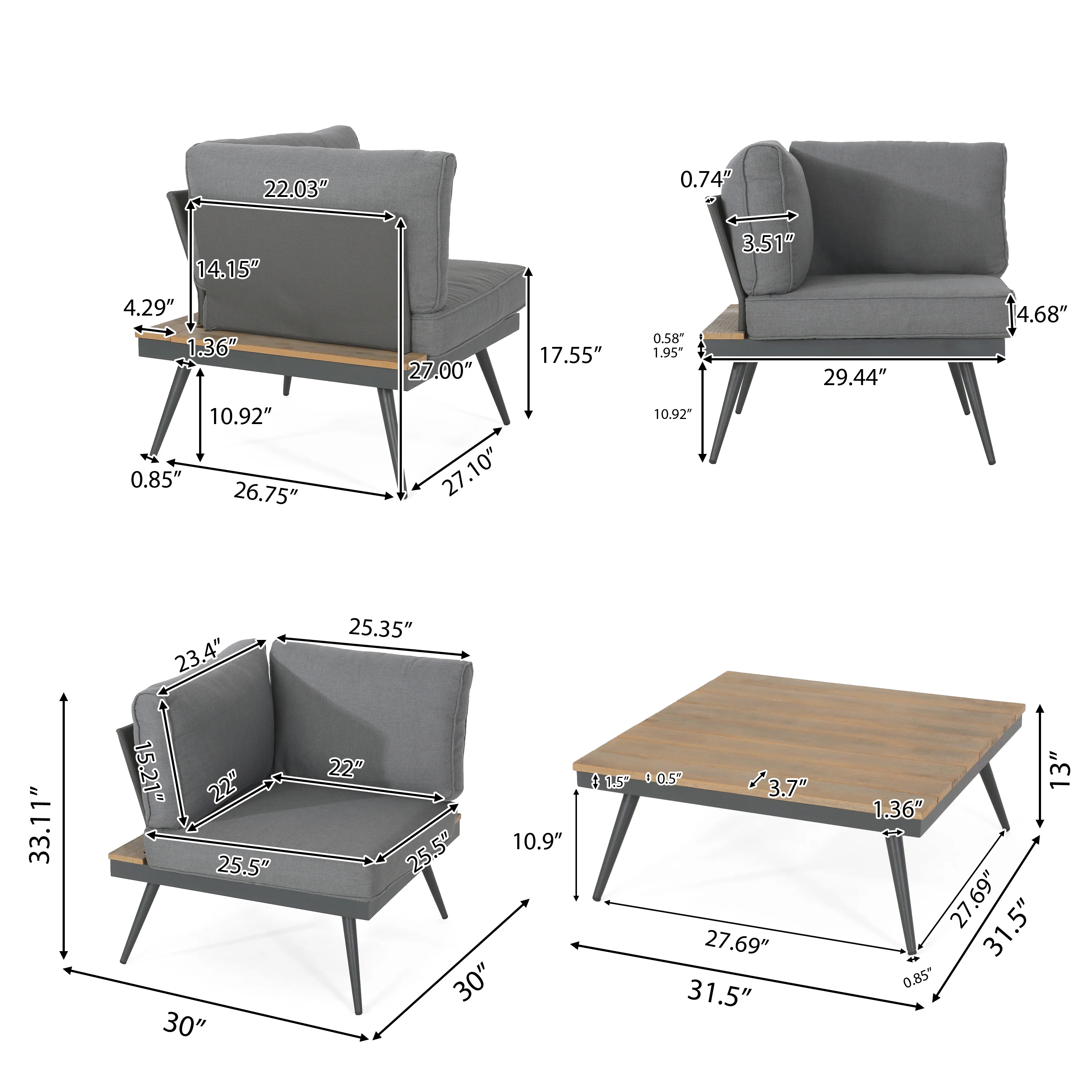 Deborah Outdoor Wood and Aluminum V-Shaped 5 Seater Sofa Set - furnishings
