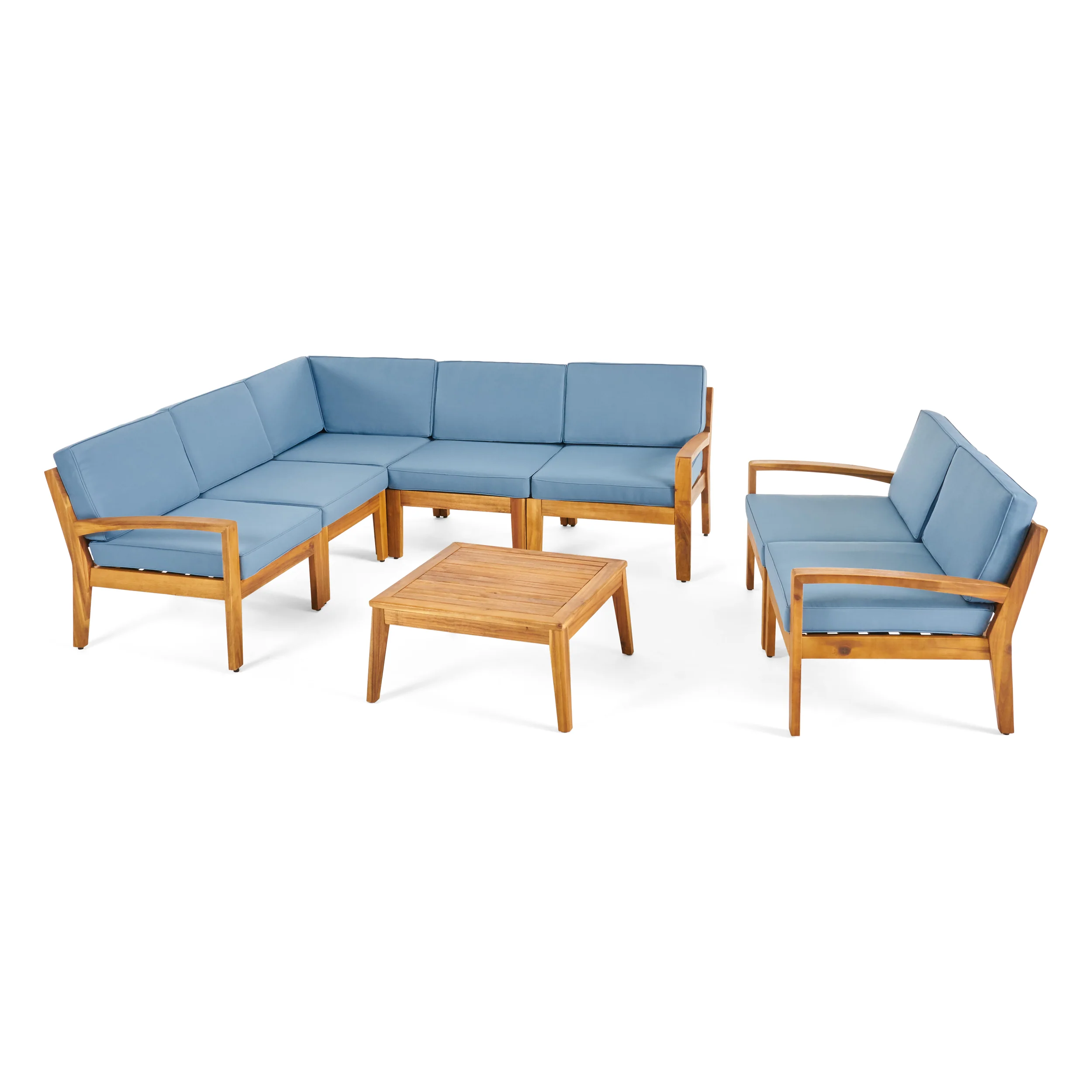 Giselle Outdoor Acacia Wood 7 Seater Sectional Sofa and Loveseat Set with Coffee Table - furnishings