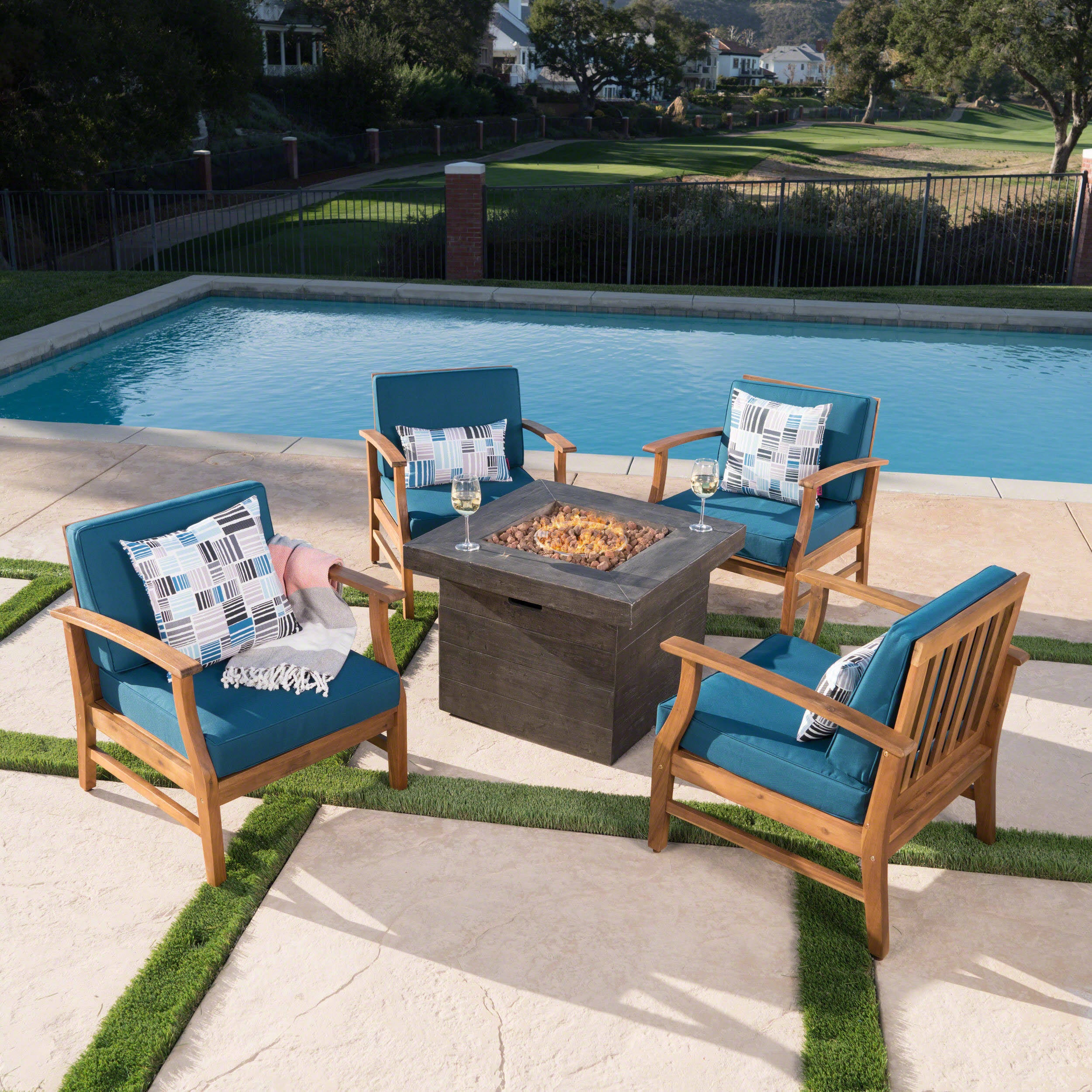 Easter Outdoor 4 Seat Teak Finished Acacia Wood Club Chairs Fire Pit Chat Set - furnishings