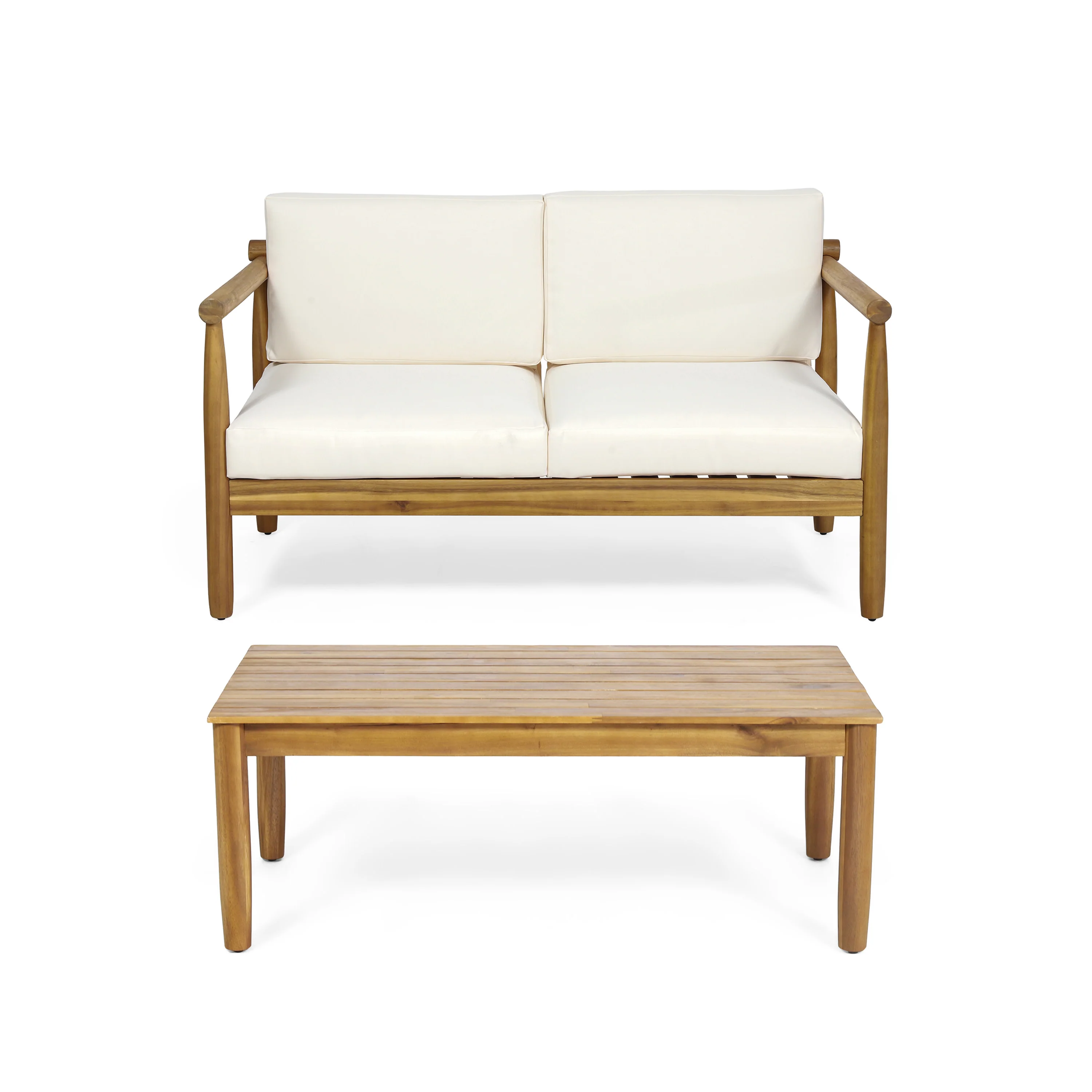Benewah Outdoor Acacia Wood Loveseat and Coffee Table with Cushions - furnishings