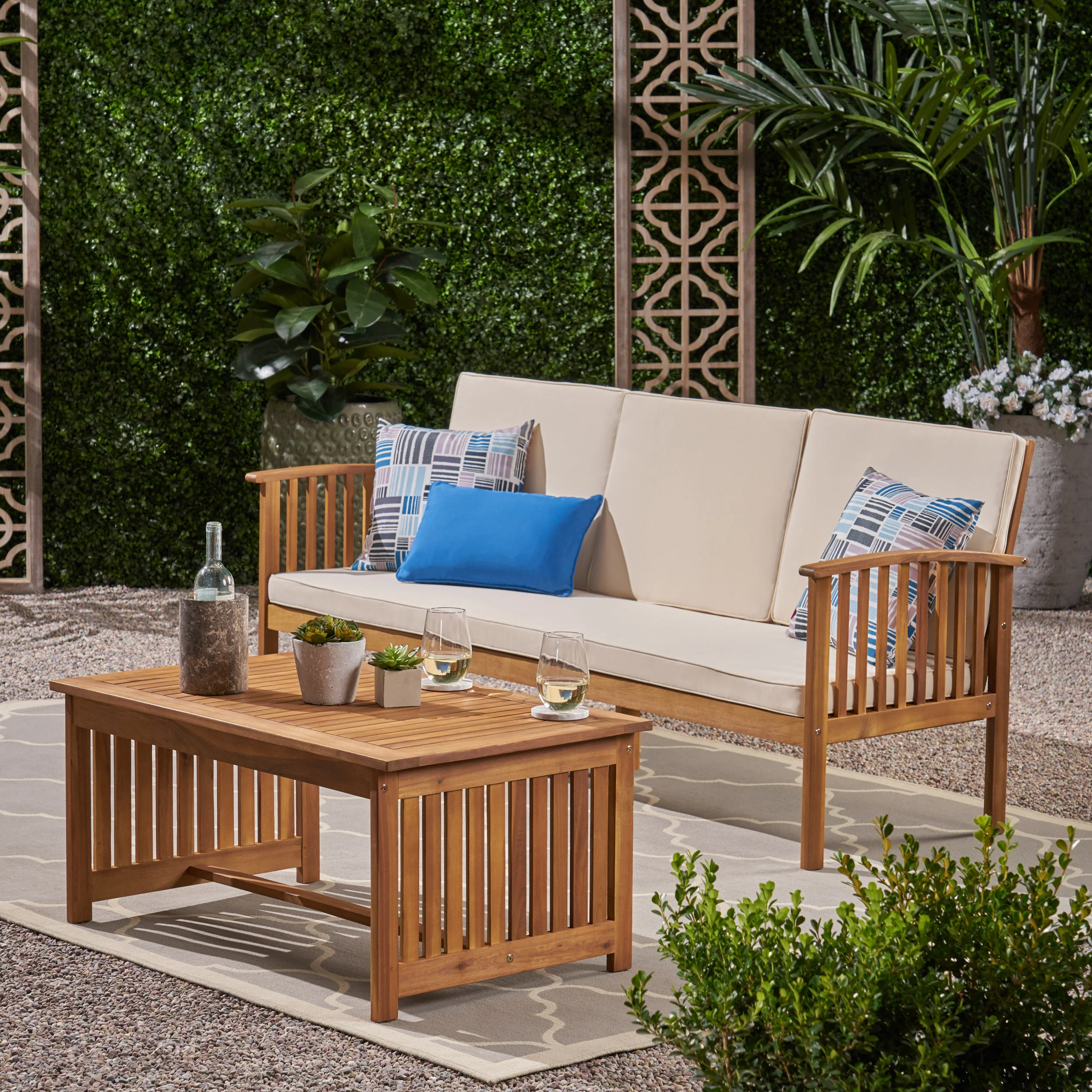 Giles Edward Outdoor Acacia Wood Sofa and Coffee Table Set - furnishings