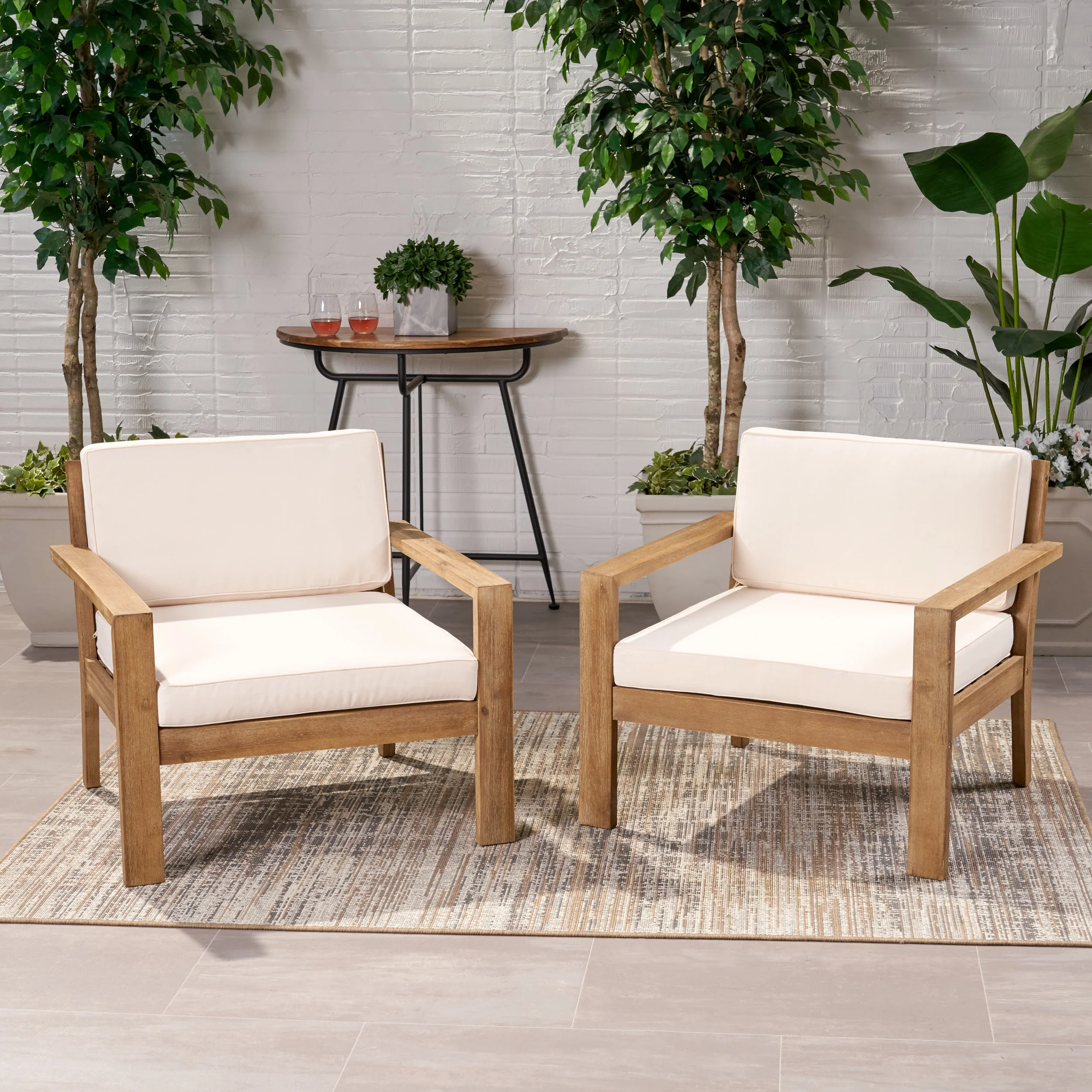 Miranda Outdoor Acacia Wood Club Chairs with Cushions (Set of 2) - furnishings