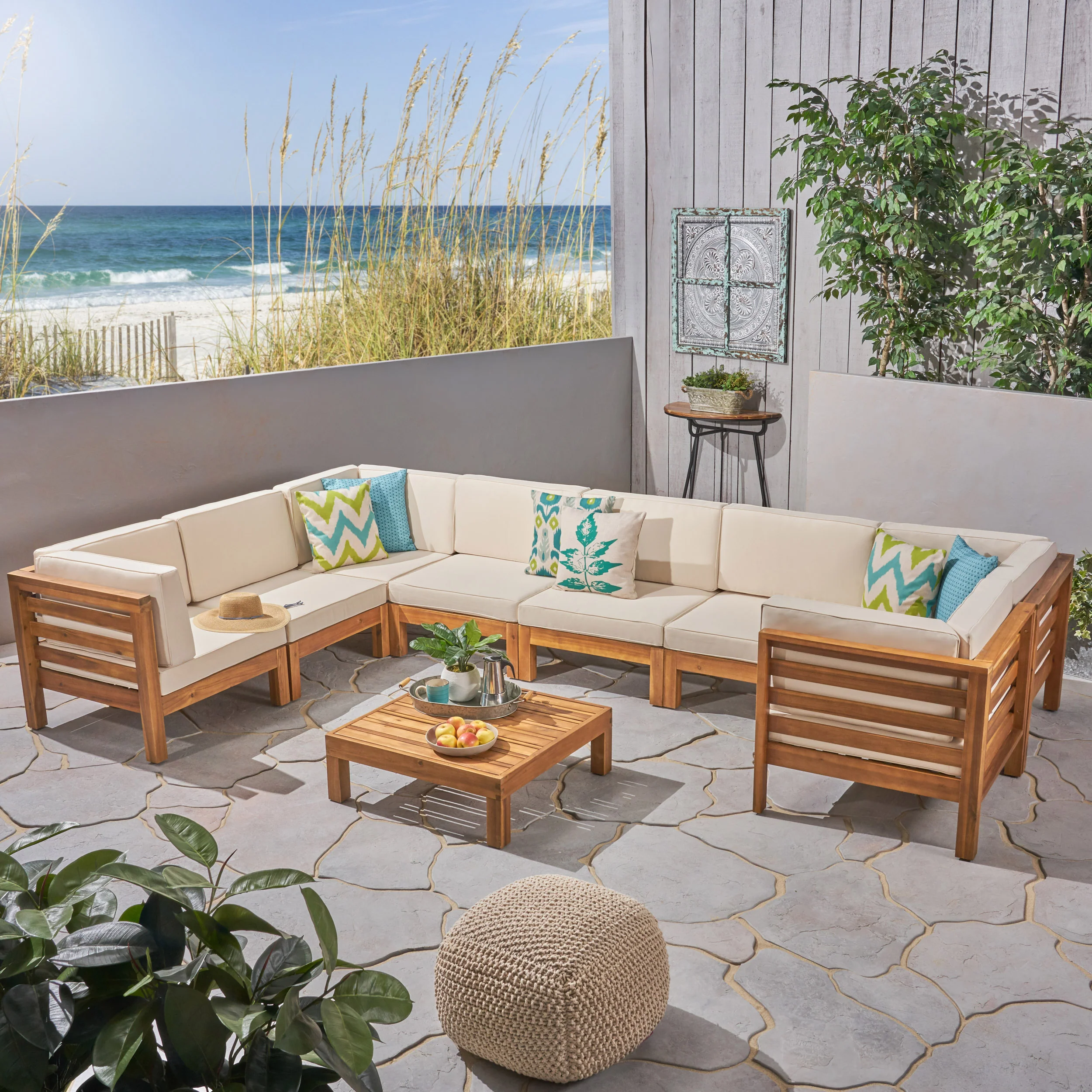 Dawson Outdoor U-Shaped Sectional Sofa Set with Coffee Table - 9-Piece 8-Seater - Acacia Wood - Outdoor Cushions - furnishings