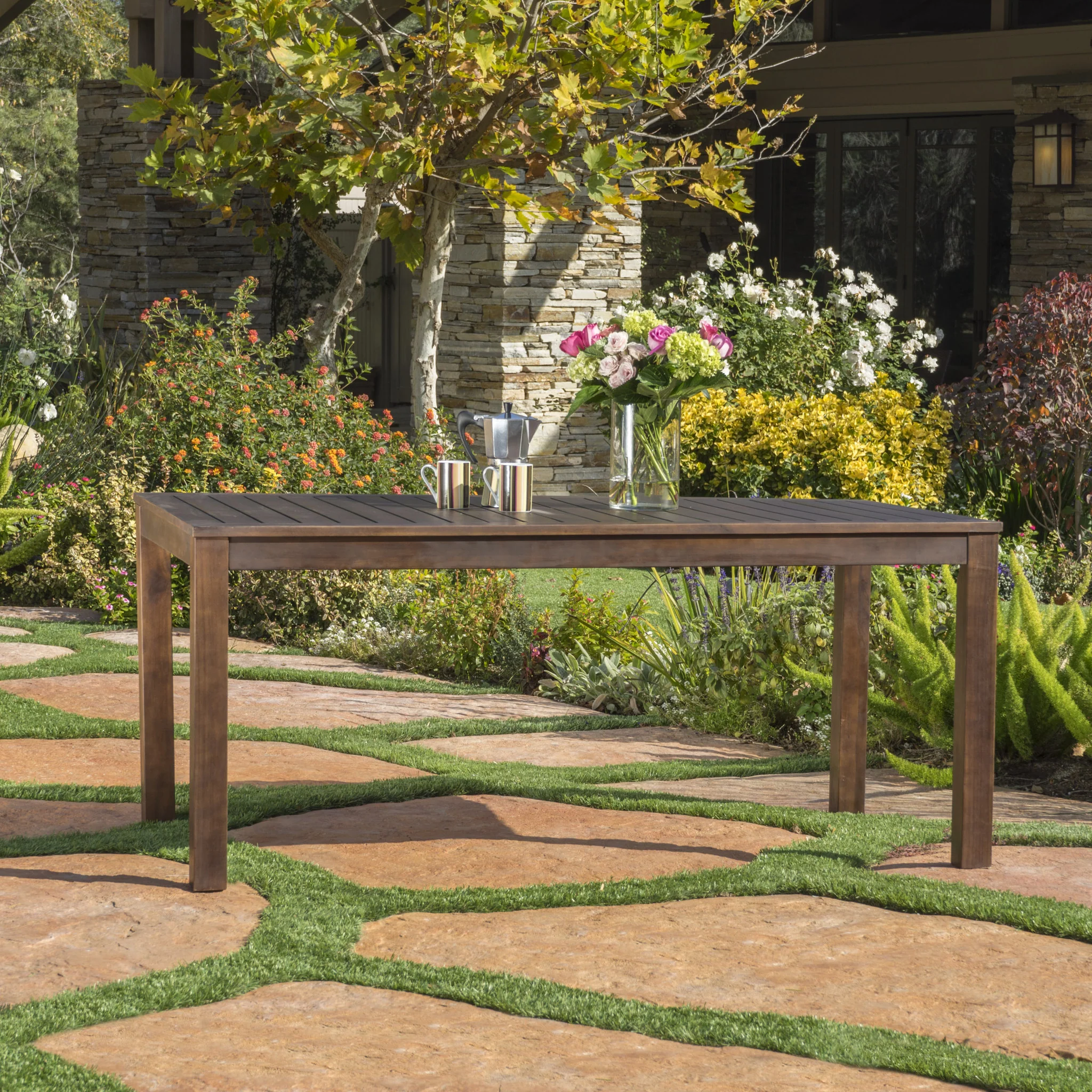 Marin Rustic Outdoor Slatted Dark Brown Acacia Wood Dining Table - furnishings