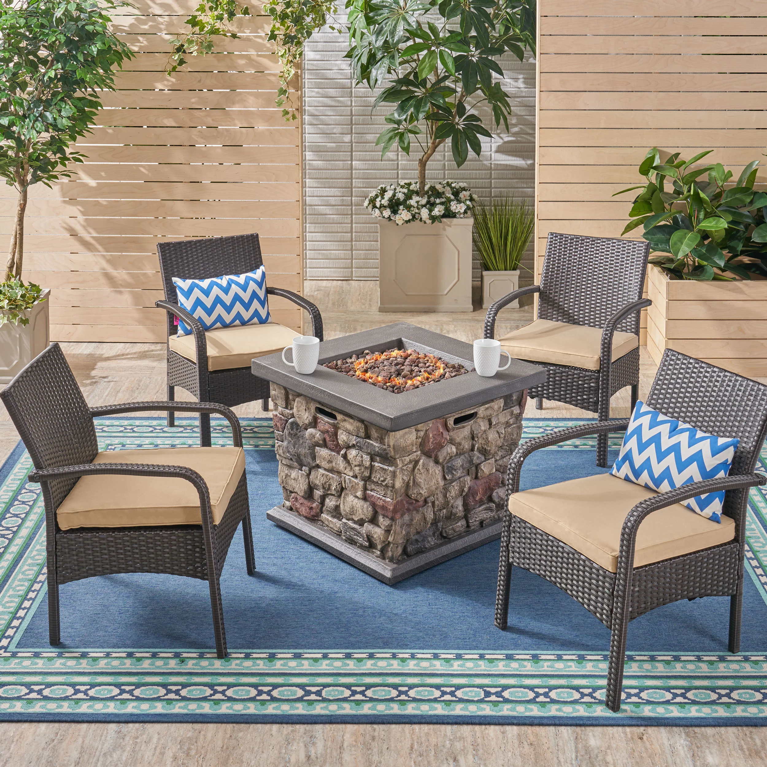 Mavis Patio Fire Pit Set, 4-Seater with Club Chairs, Wicker with Outdoor Cushions - furnishings