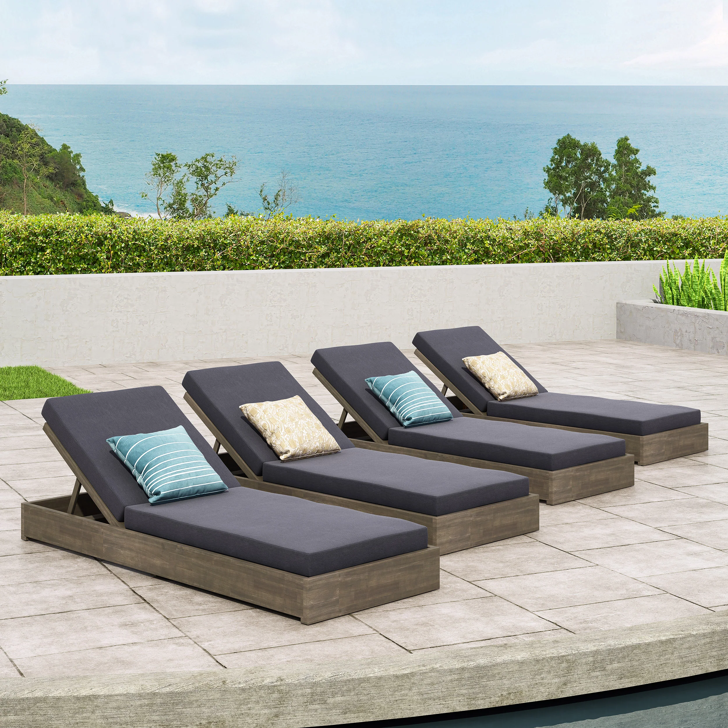 Niyanna Outdoor Acacia Wood Chaise Lounge with Cushion (Set of 4) - furnishings