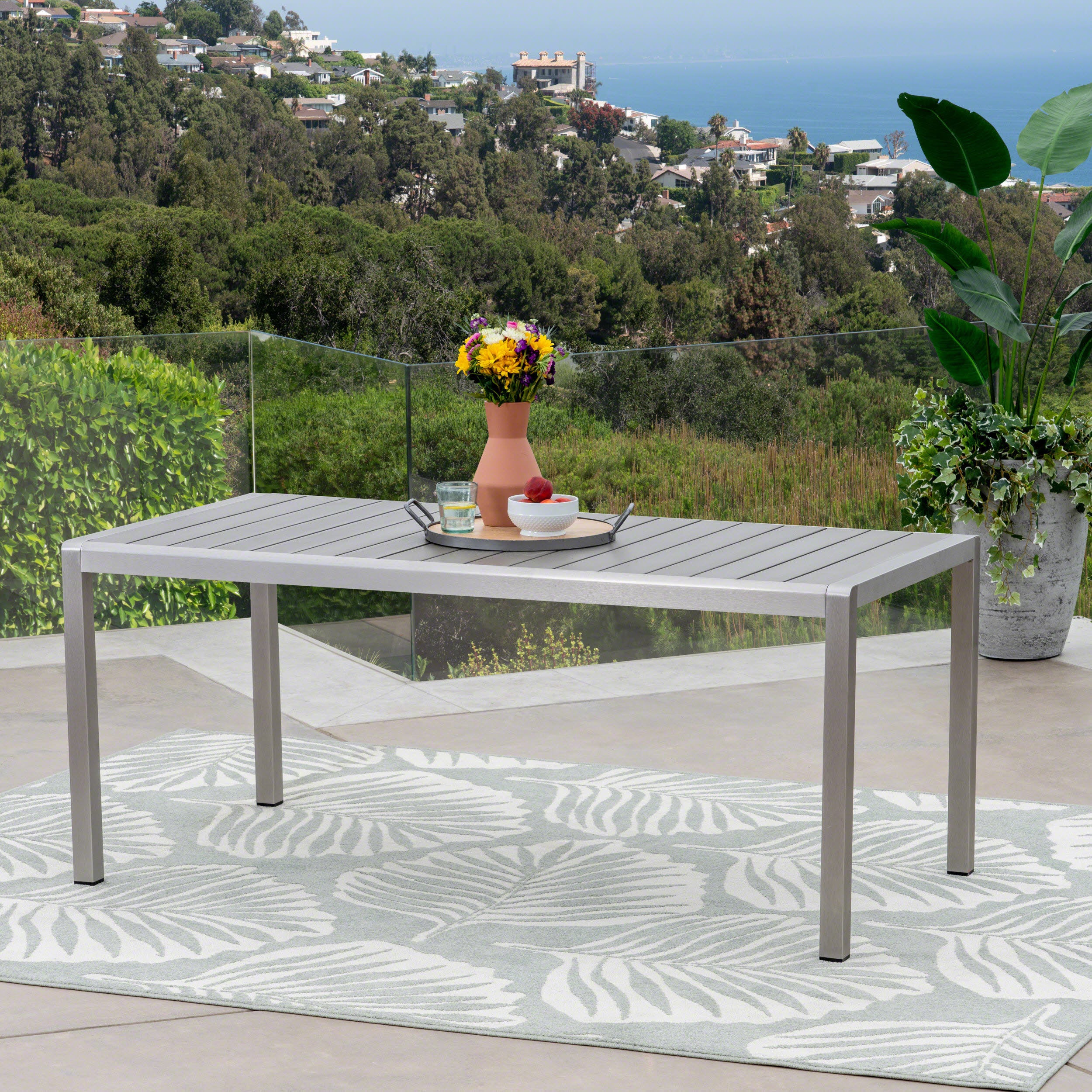 Coral Outdoor Aluminum Dining Table with Faux Wood Top, Gray Finish - furnishings