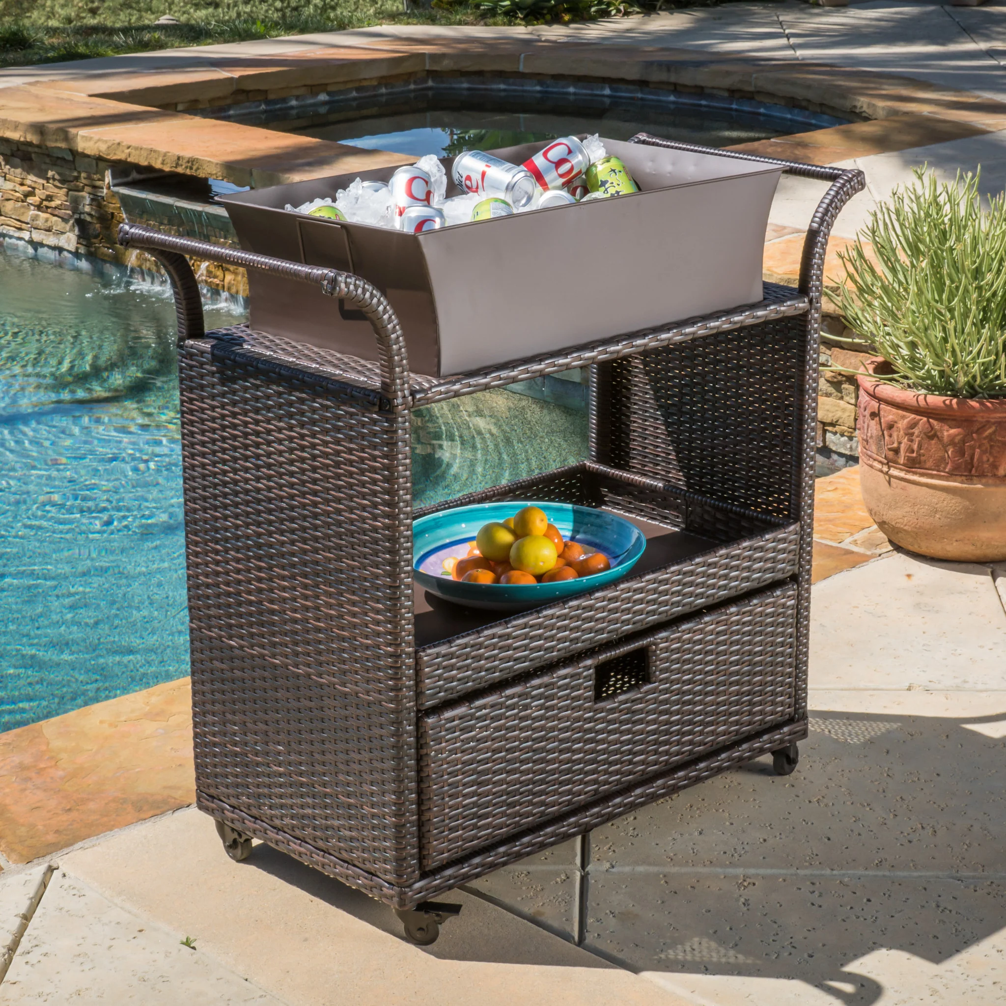Maja Multi-Brown Wicker Bar Cart - furnishings