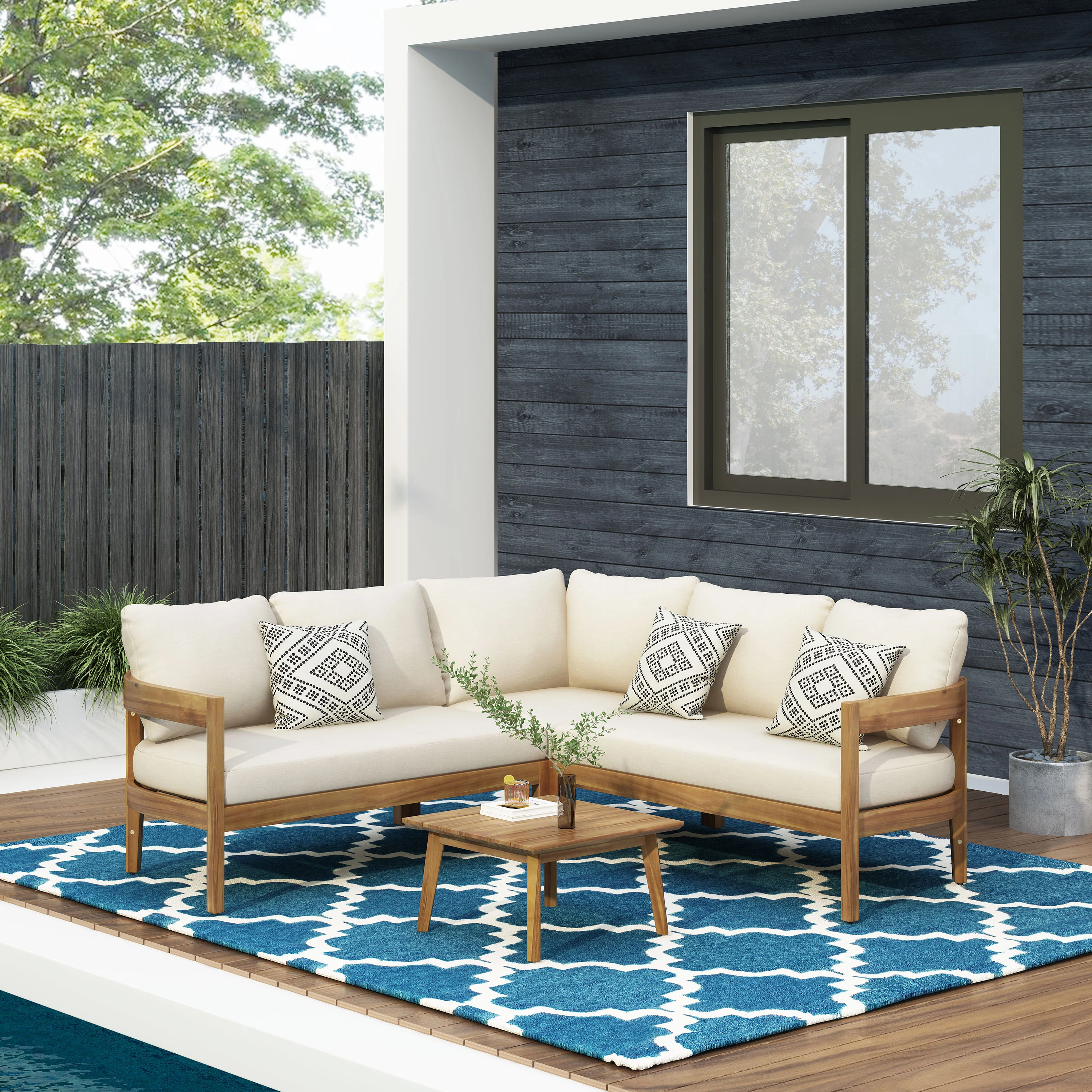 Brooklyn Outdoor Acacia Wood 5 Seater Sectional Sofa Chat Set with Cushions, Teak and Beige - furnishings