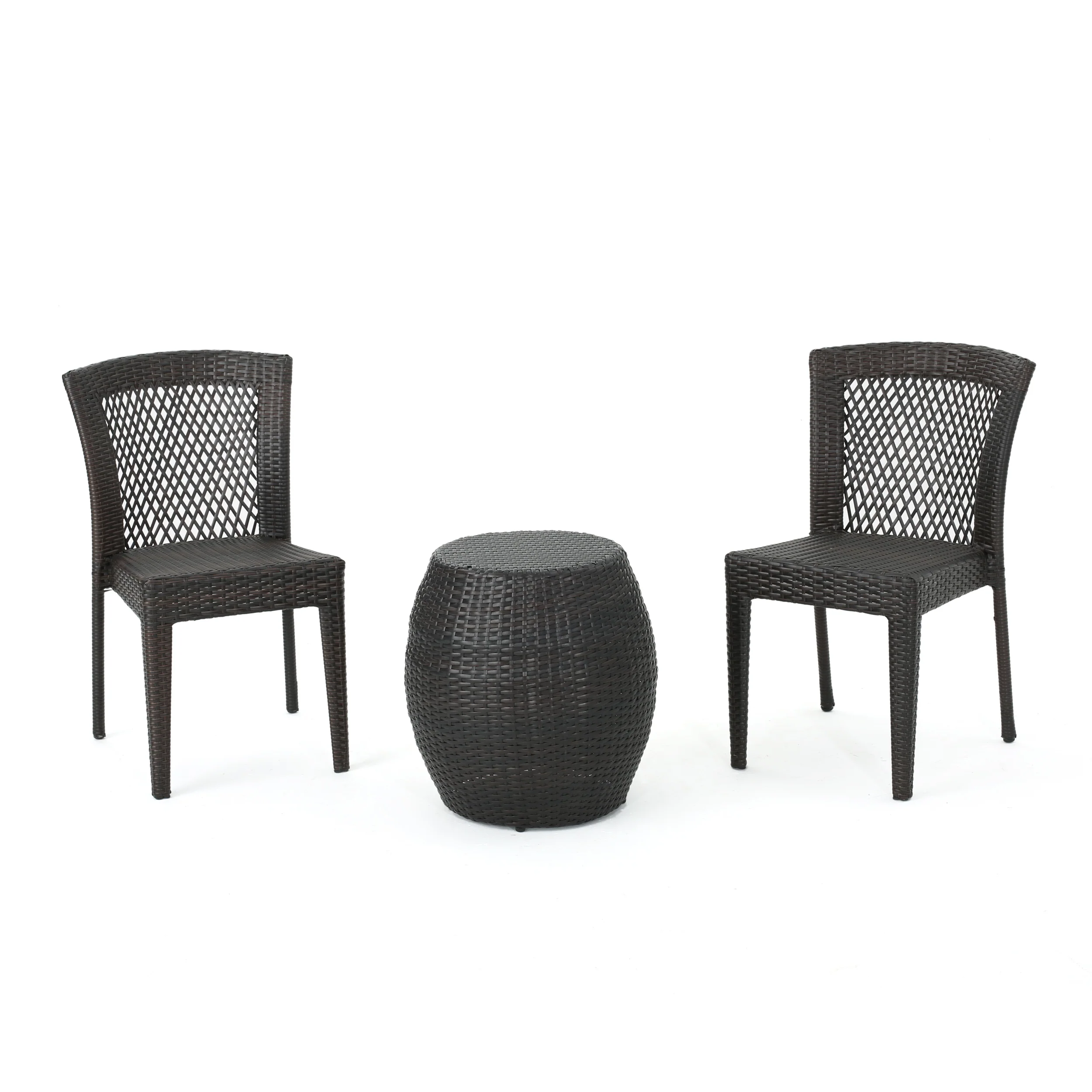 Eileen Outdoor 3-Piece Multi-Brown Wicker Chat Set with Stacking Chairs - furnishings