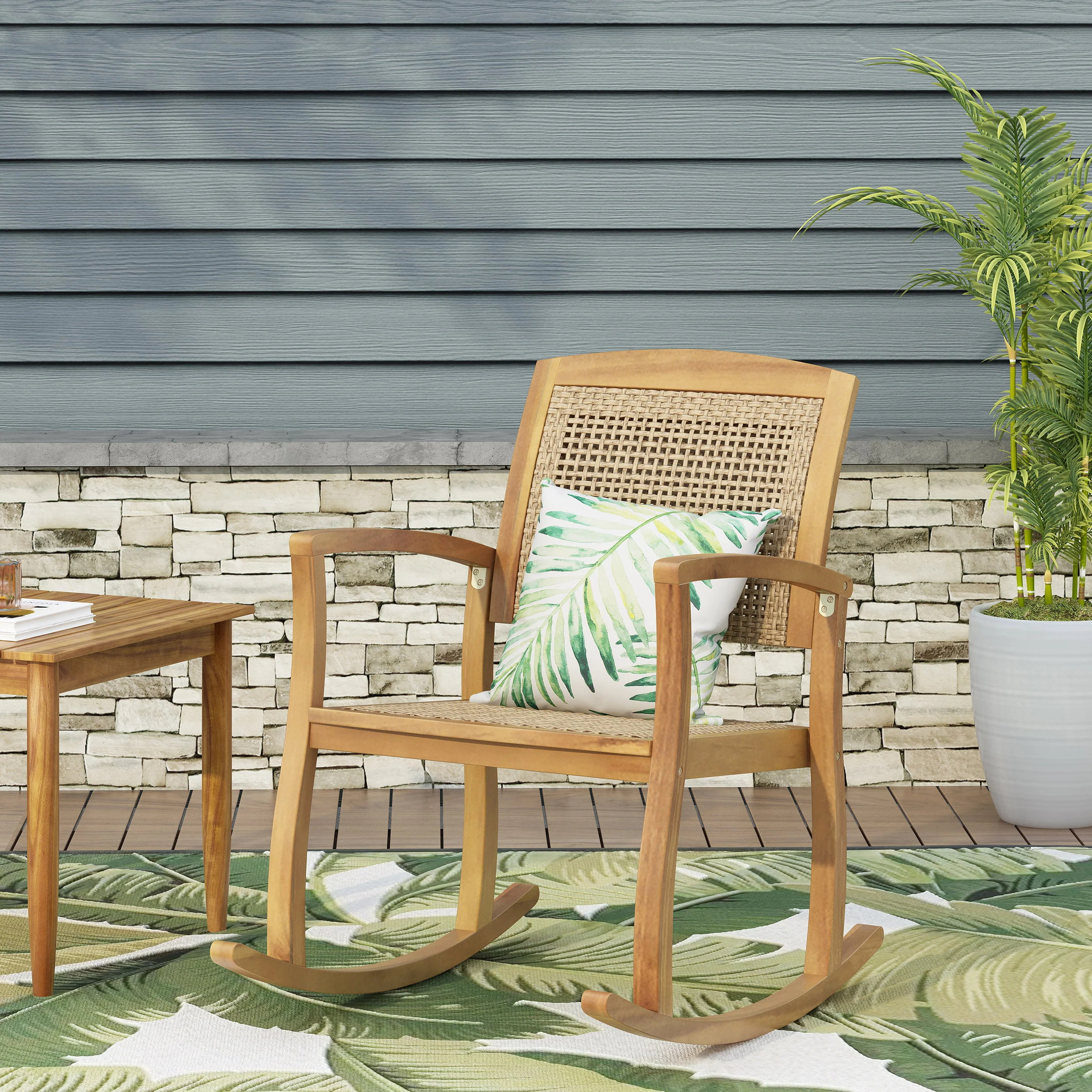 Uintah Outdoor Acacia Wood and Wicker Rocking Chair, Light Brown - furnishings