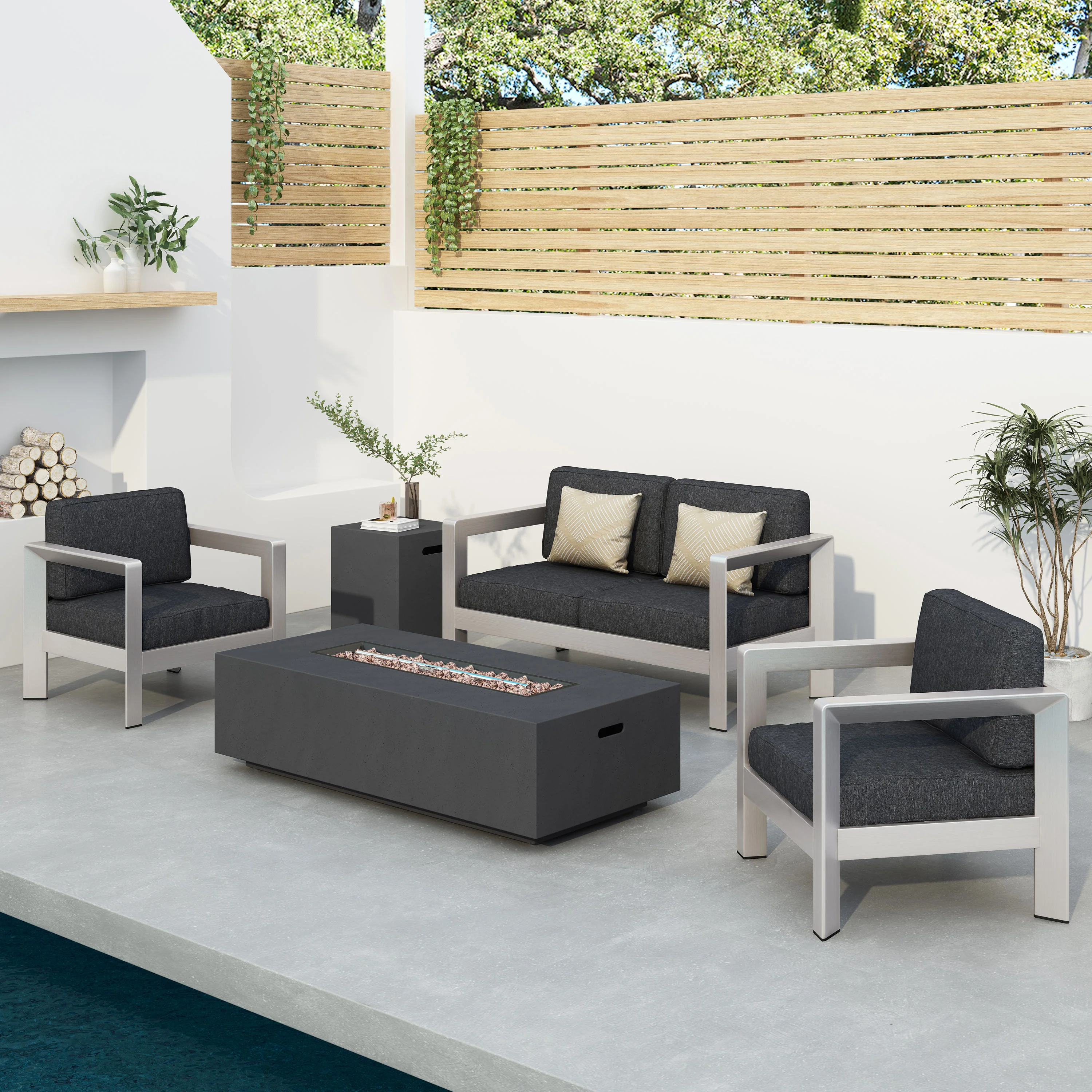 Booth Outdoor 4-Seater Aluminum Chat Set with Fire Pit and Tank Holder - furnishings
