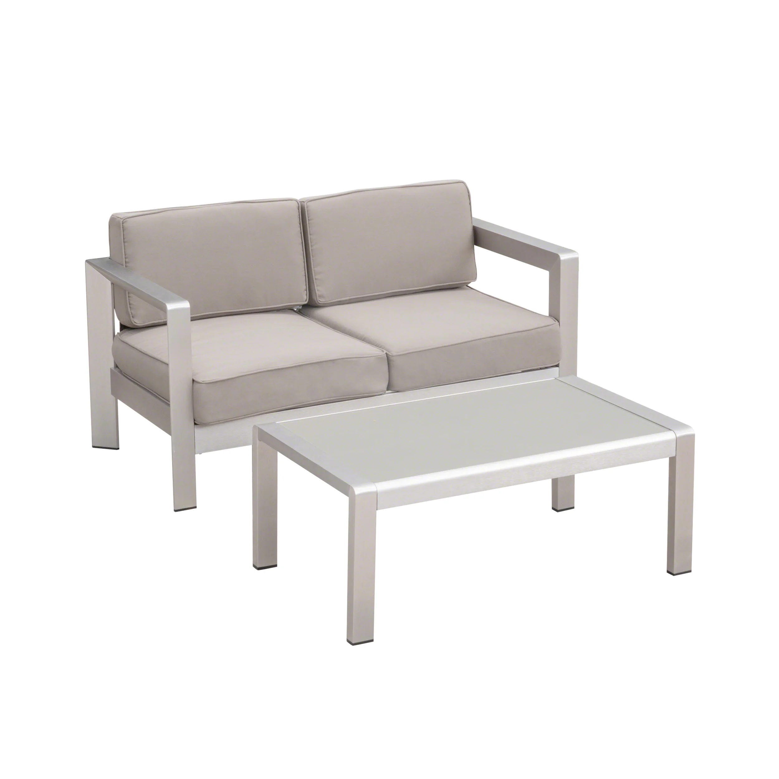 Booth Outdoor Aluminum Loveseat and Tempered Glass-Topped Coffee Table - furnishings