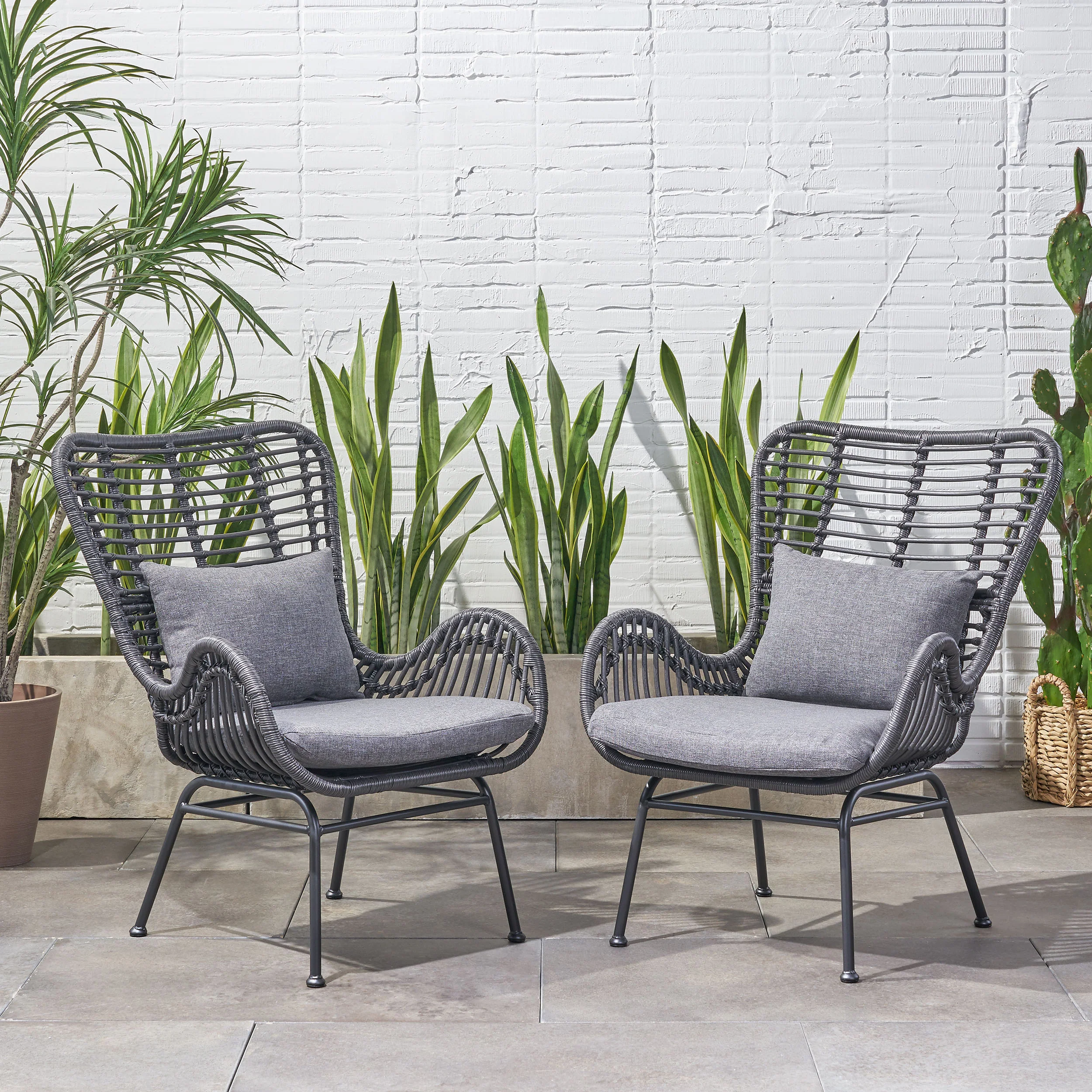 Pooneli Outdoor Wicker Club Chairs with Cushions (Set of 2) - furnishings