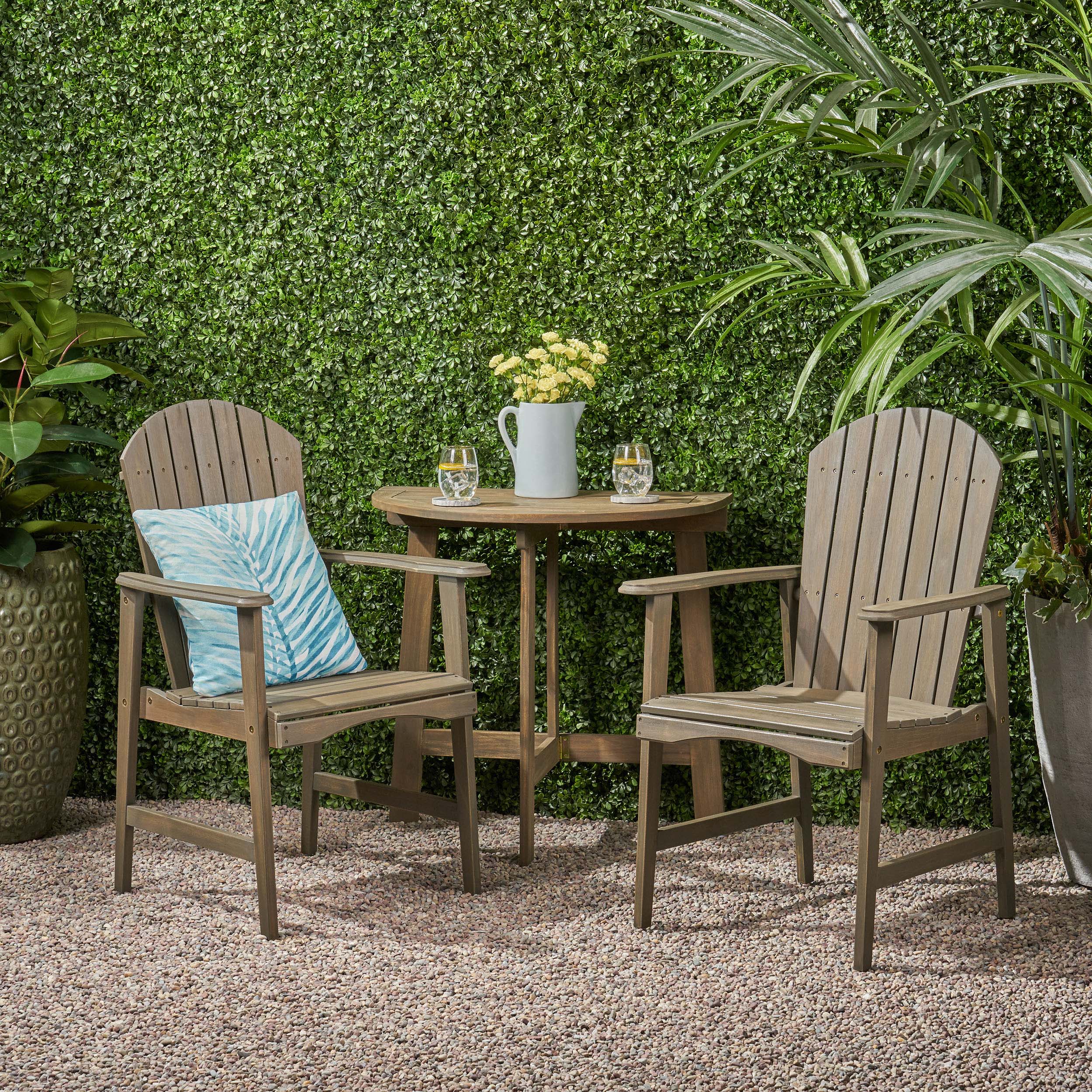George Outdoor 2 Seater Half-Round Acacia Wood Bistro Table Set with Adirondack Chairs - furnishings
