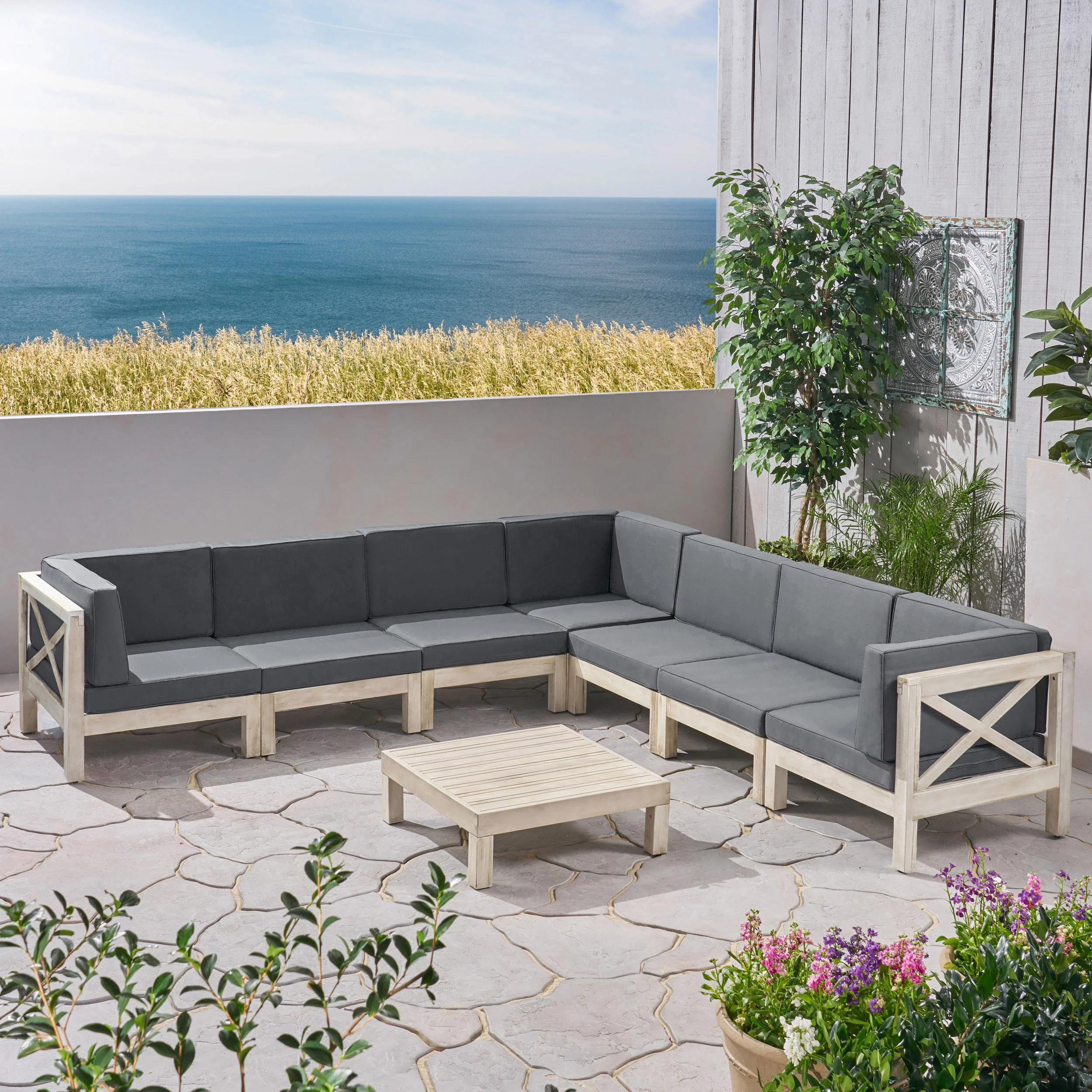 Dale Outdoor 7 Seater Acacia Wood Sectional Sofa Set - furnishings