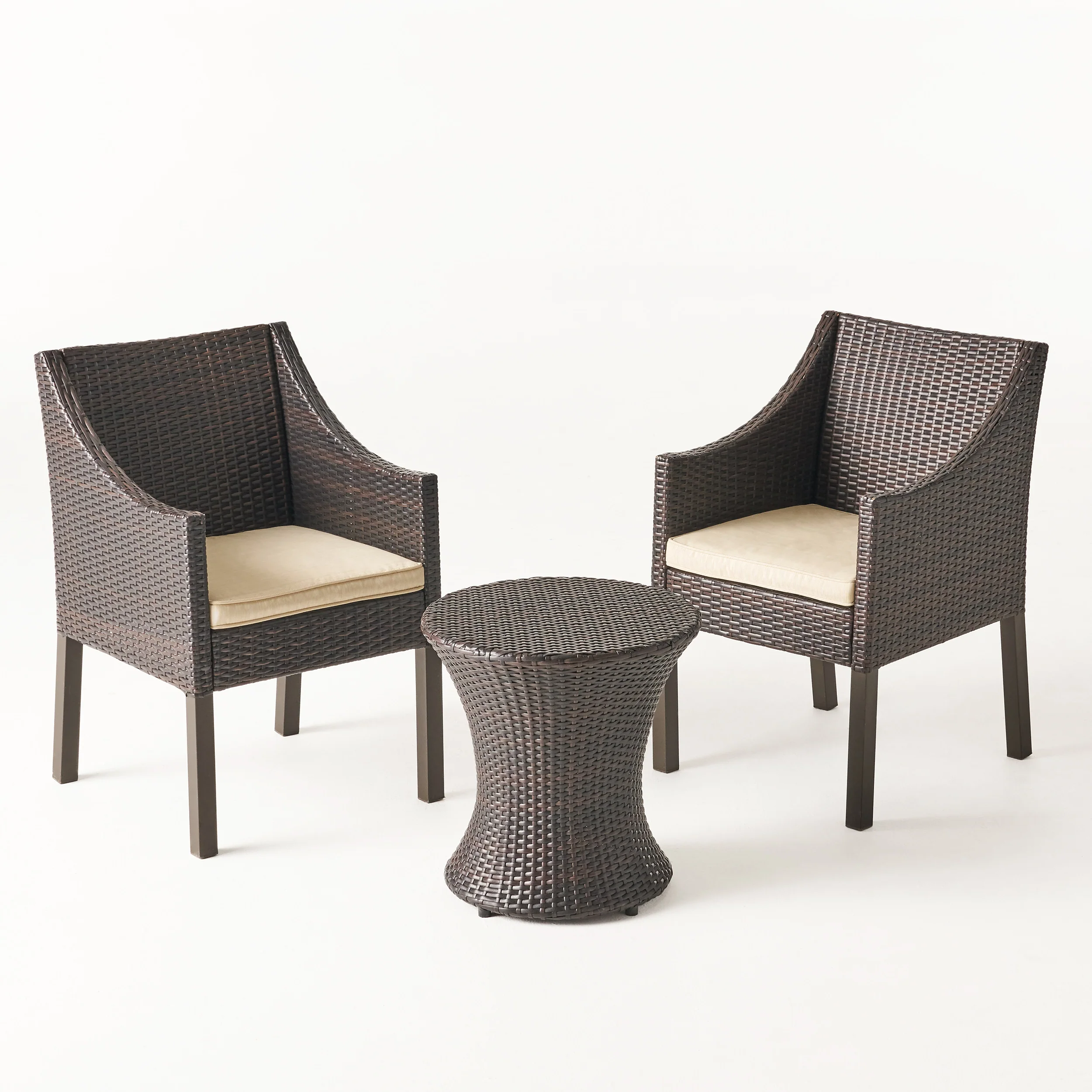 Janet Outdoor 3 Piece Wicker Chat Set, Multibrown with Beige Cushions - furnishings