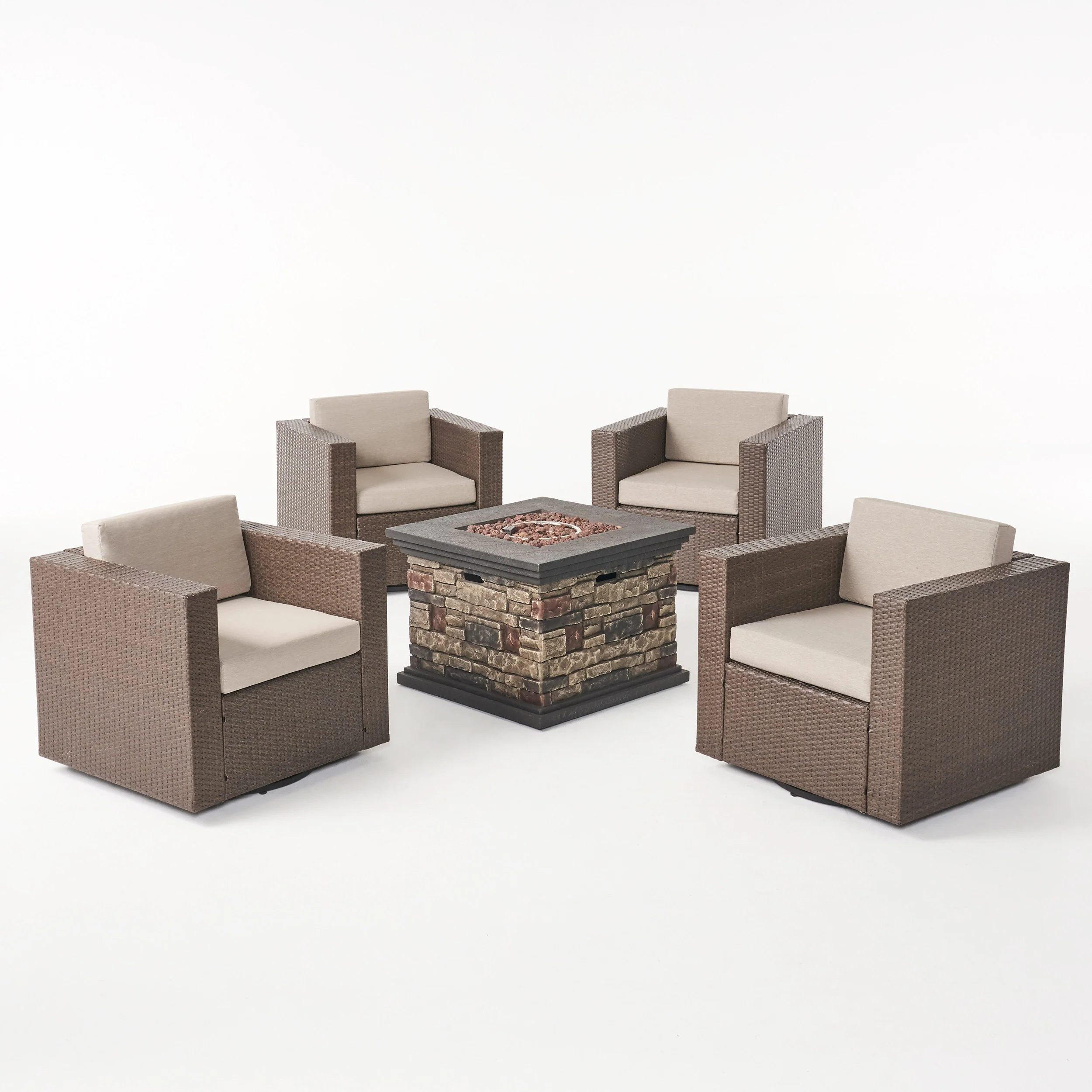 Venice Outdoor 5 Piece Chat Set with Brown Wicker Club Chairs and Fire Pit - furnishings