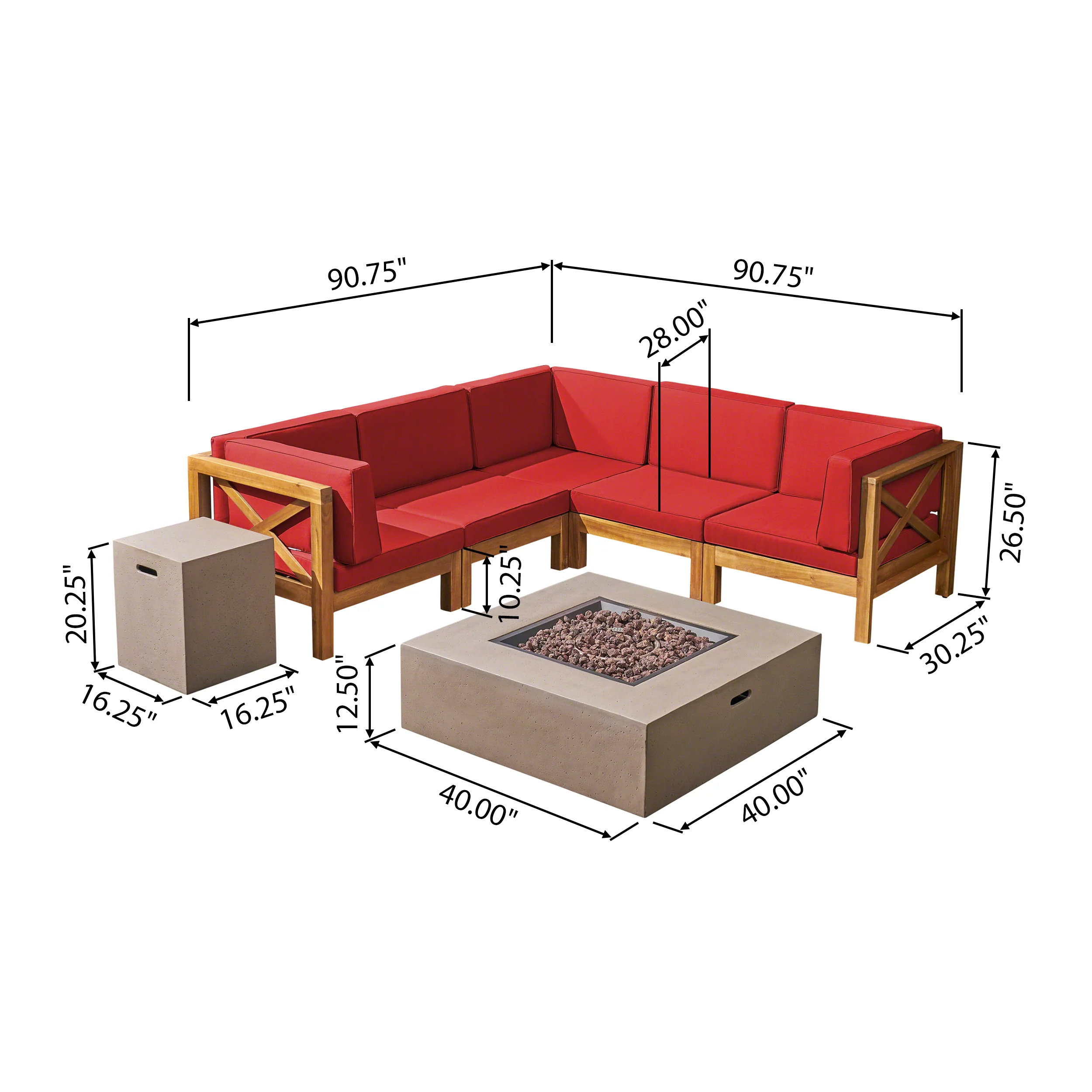 Cynthia Outdoor Acacia Wood 7-Piece Sectional Sofa Set with Fire Pit - furnishings